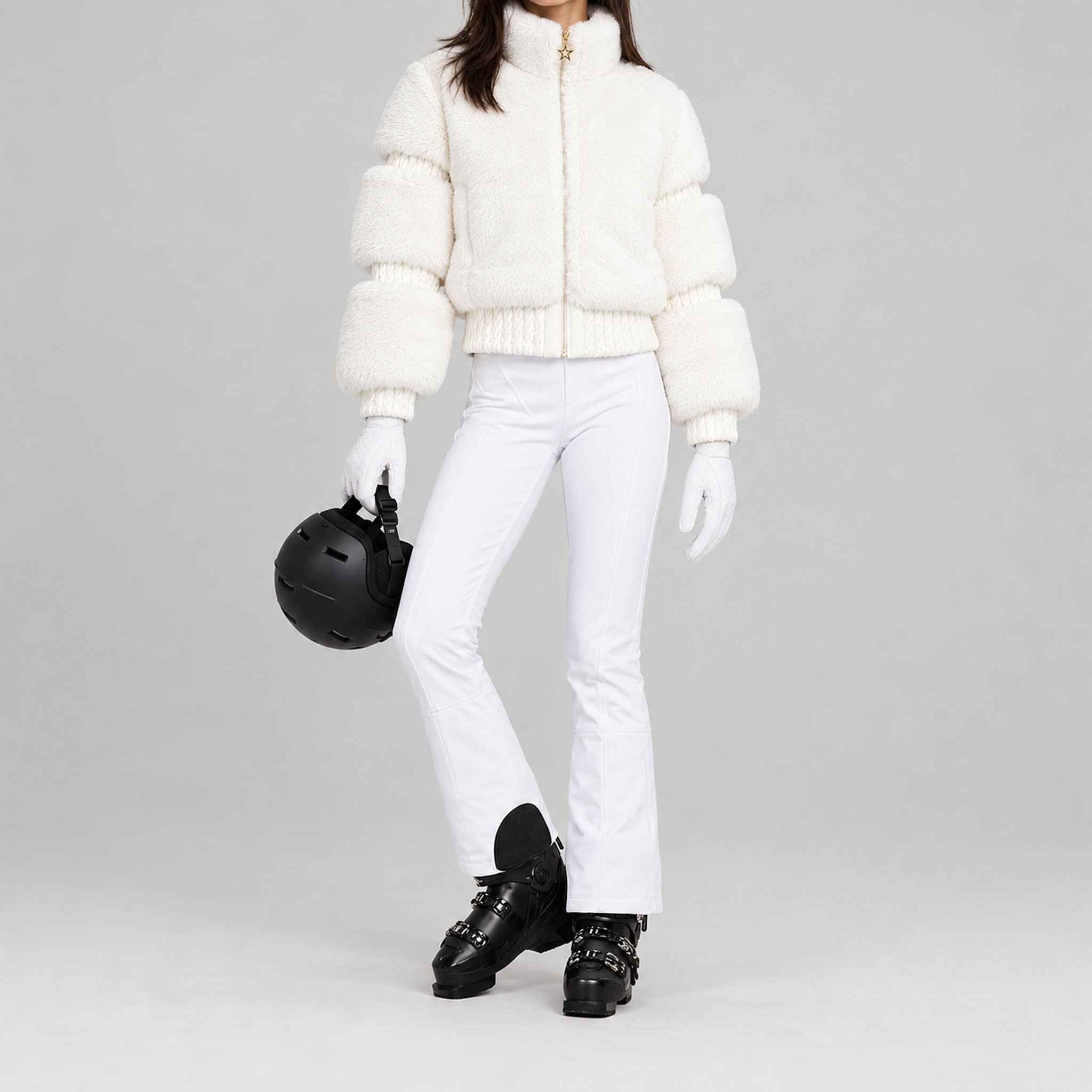 Goldbergh women's Furry Ski Jacket in White – ski pose view. AI-generated from manufacturer imagery.