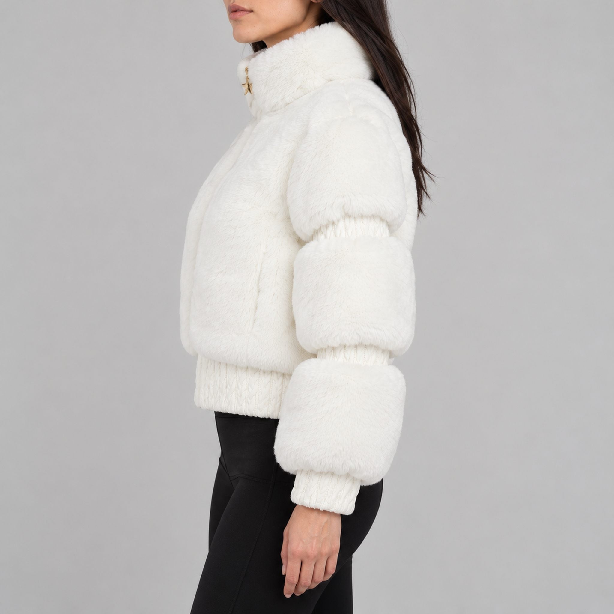 Goldbergh womens Furry Ski Jacket in White (Snow White) - model side. AI-generated from manufacturer imagery.