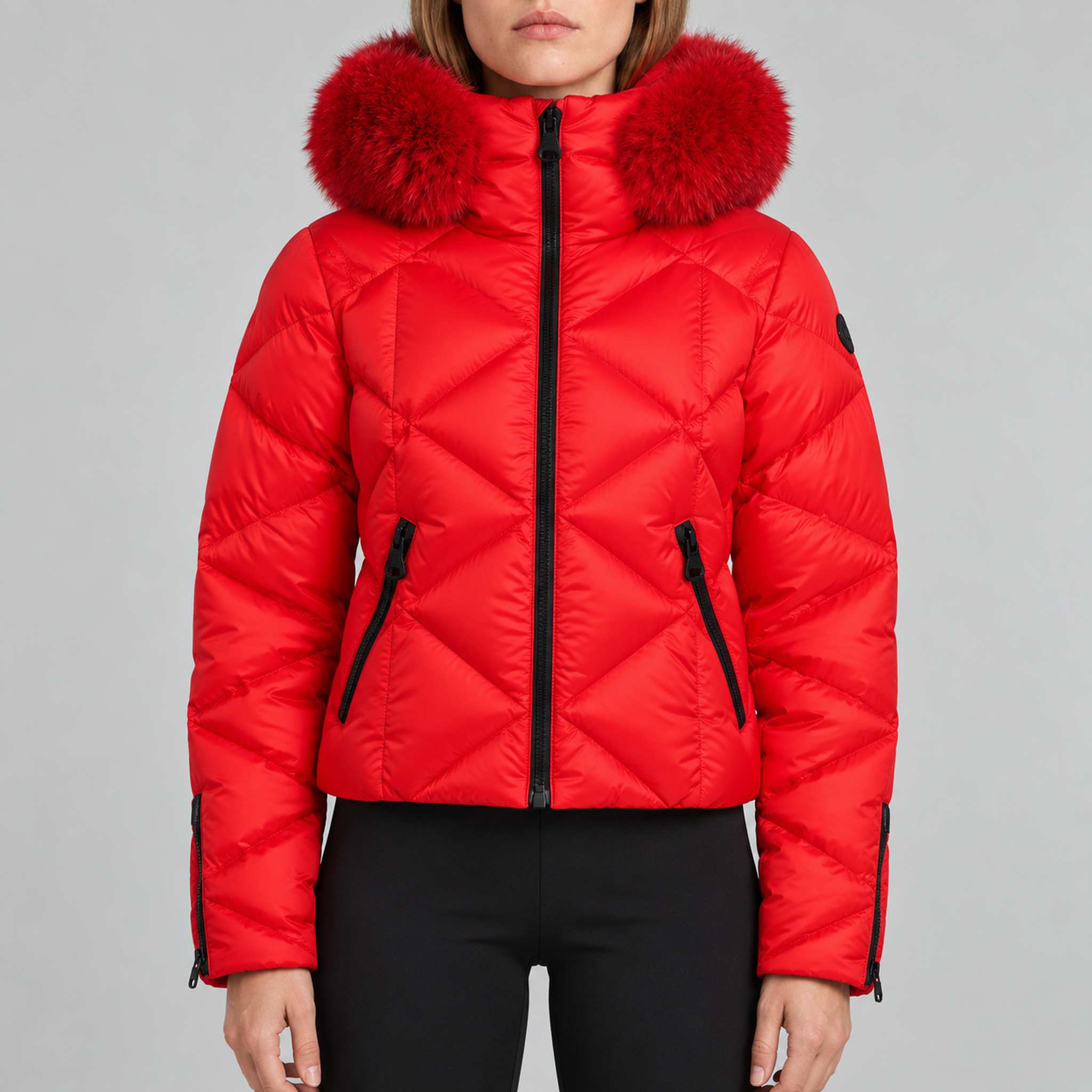 Goldbergh womens Harumi Ski Jacket in Flame Red - model front. AI-generated from manufacturer imagery.