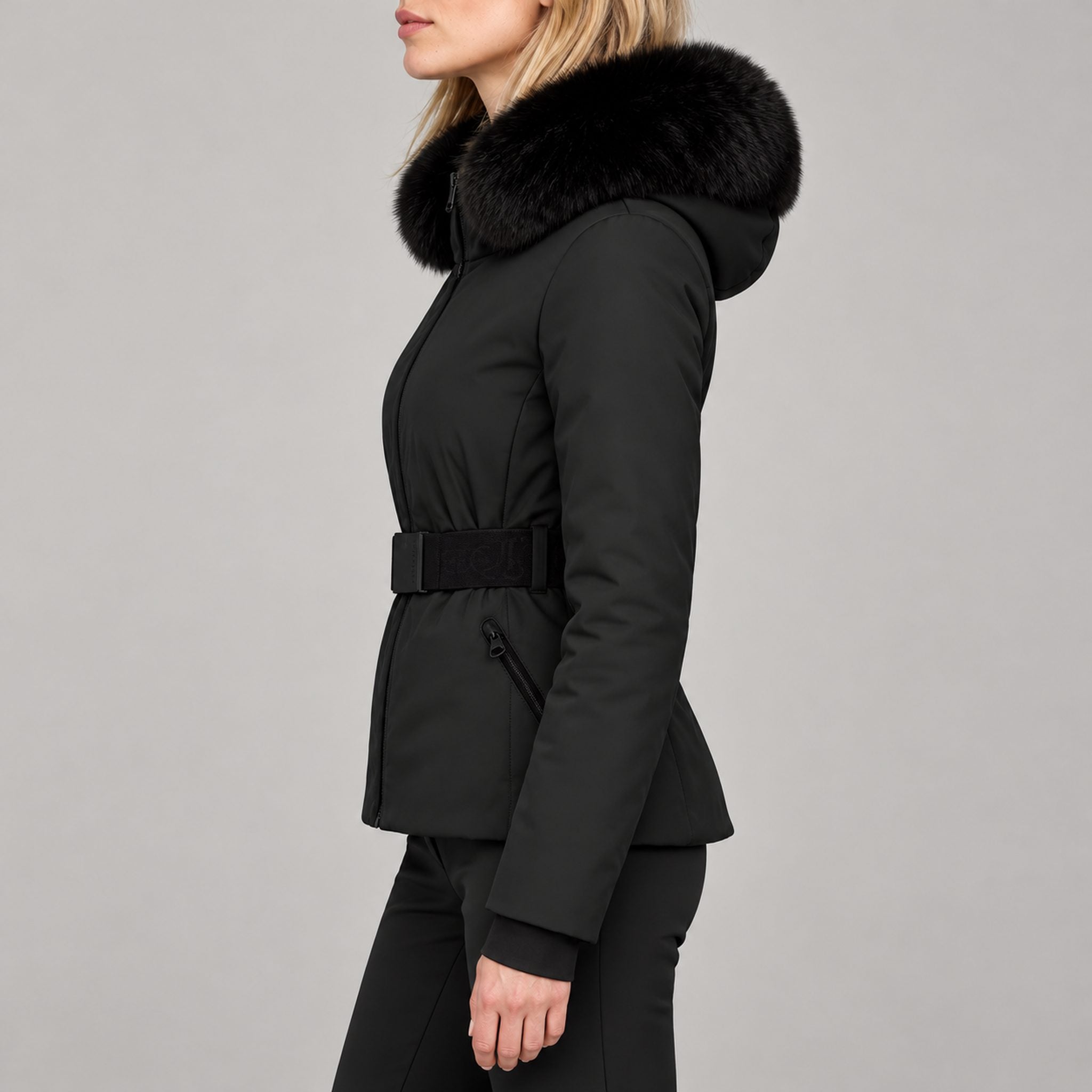 Goldbergh womens Hida Ski Jacket in Black - model side. AI-generated from manufacturer imagery.