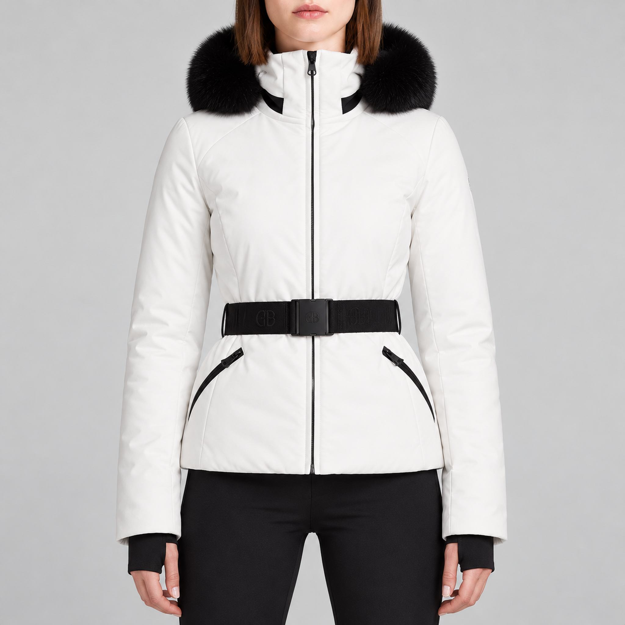 Goldbergh womens Hida Ski Jacket in White (Snow White) - model front. AI-generated from manufacturer imagery.