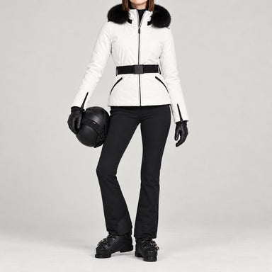 Goldbergh women's Hida Ski Jacket in White – ski pose view. AI-generated from manufacturer imagery.