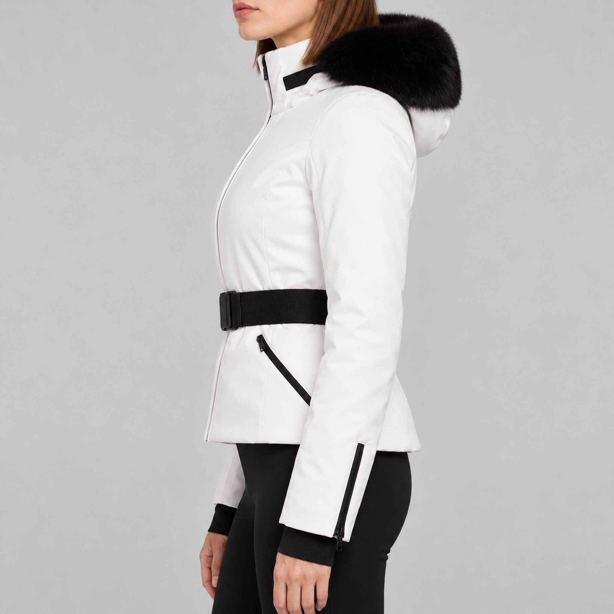 Goldbergh womens Hida Ski Jacket in White (Snow White) - model side. AI-generated from manufacturer imagery.