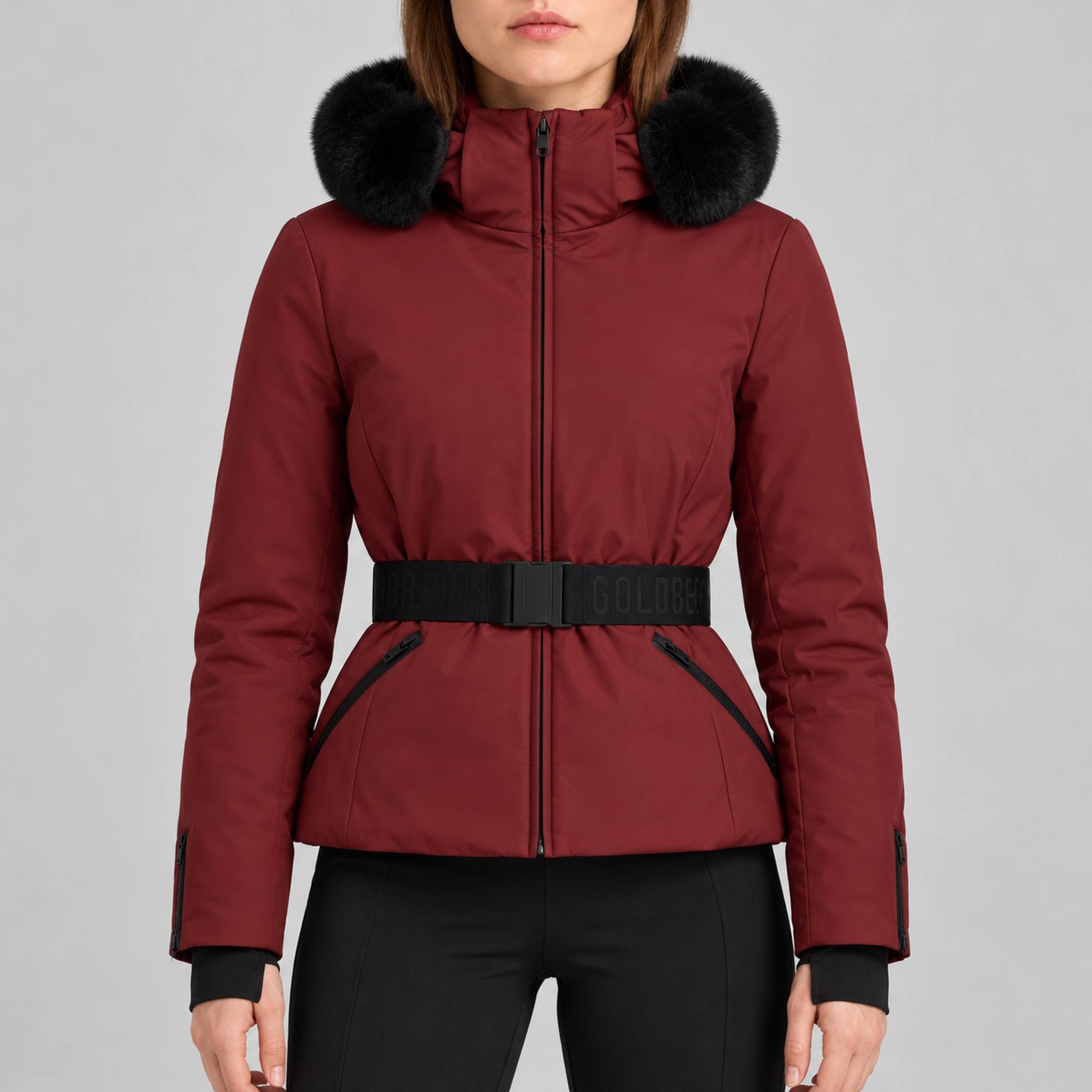 Goldbergh womens Hida Ski Jacket in Vino Rosso (Vino Rosso) - model front. AI-generated from manufacturer imagery.