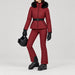 Goldbergh women's Hida Ski Jacket in Vino Rosso – ski pose view. AI-generated from manufacturer imagery.