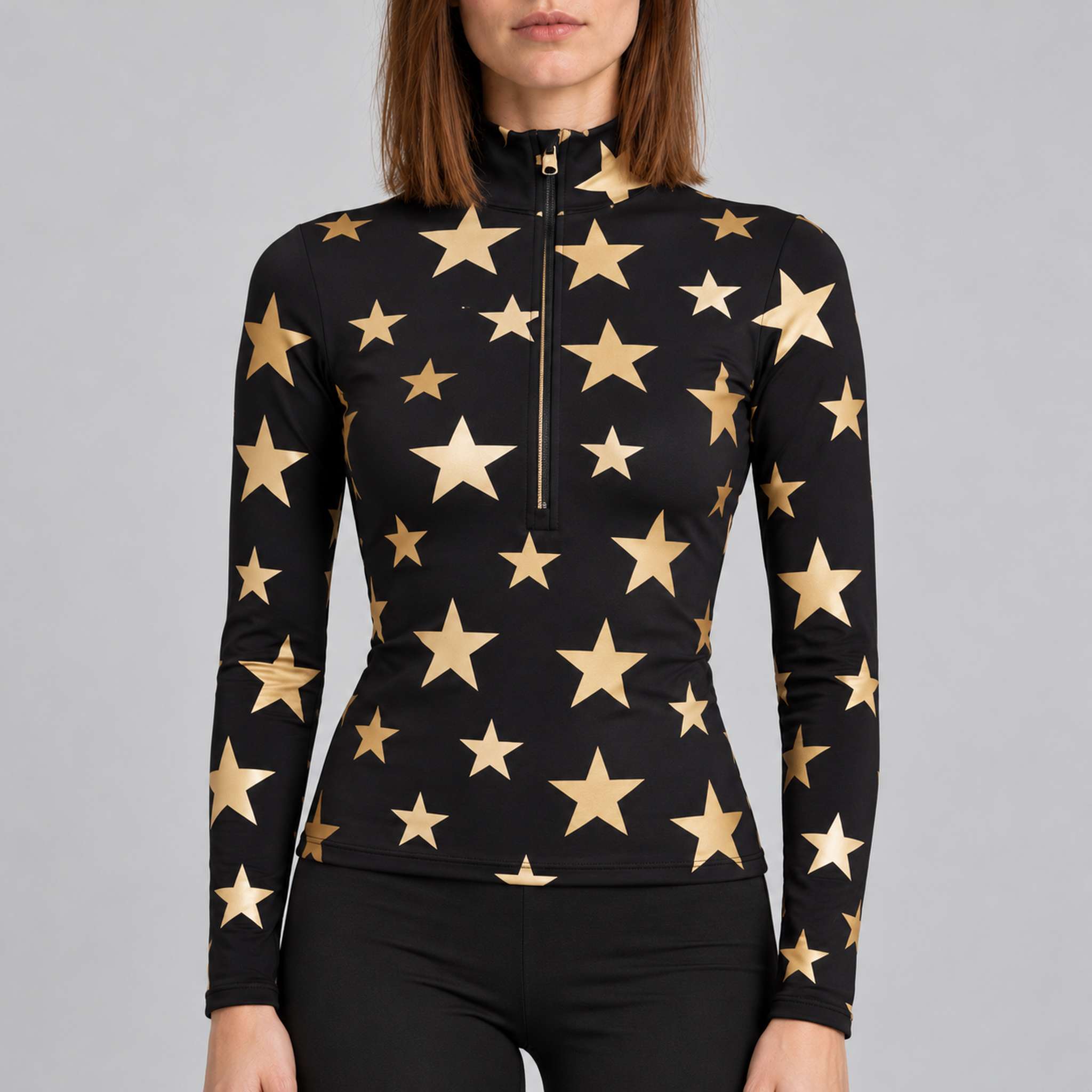 Goldbergh womens Hikari Pully in Black/Gold (Black/Gold) - model front. AI-generated from manufacturer imagery.