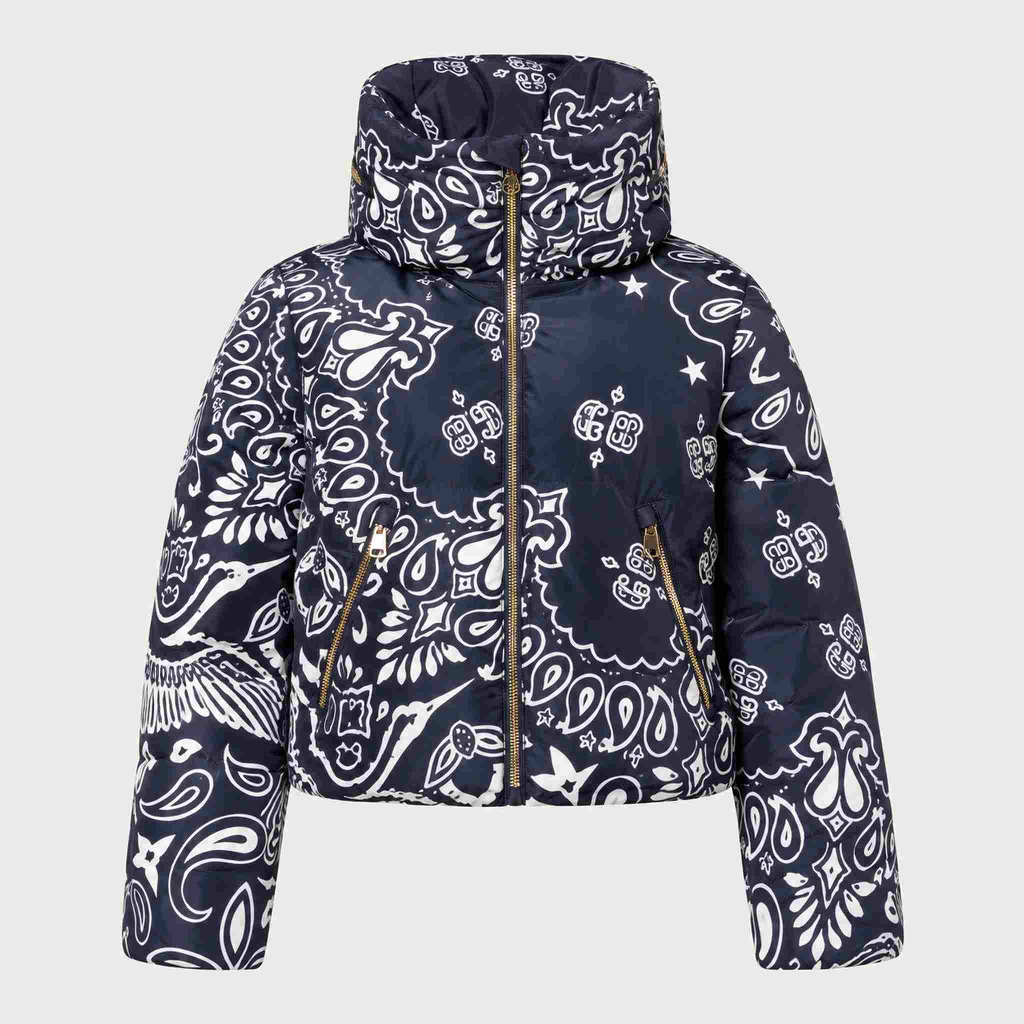 Goldbergh womens Kyoko Ski Jacket (Bandana Paisley Blue) - front. AI-generated from manufacturer imagery.