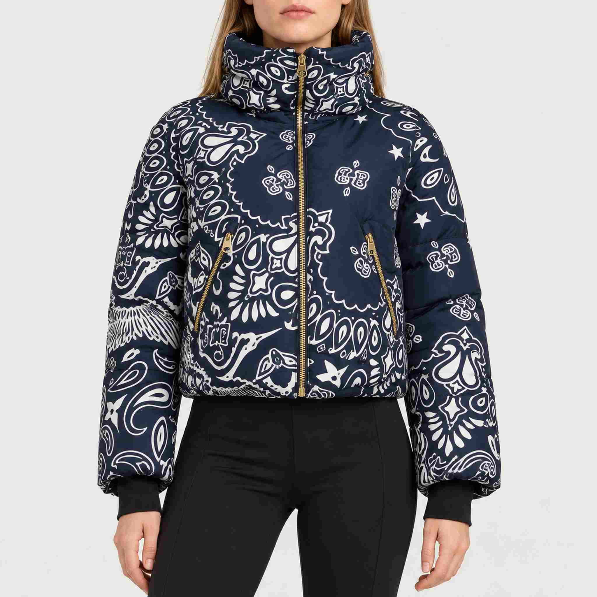 Goldbergh womens Kyoko Ski Jacket (Bandana Paisley Blue) - model front. AI-generated from manufacturer imagery.