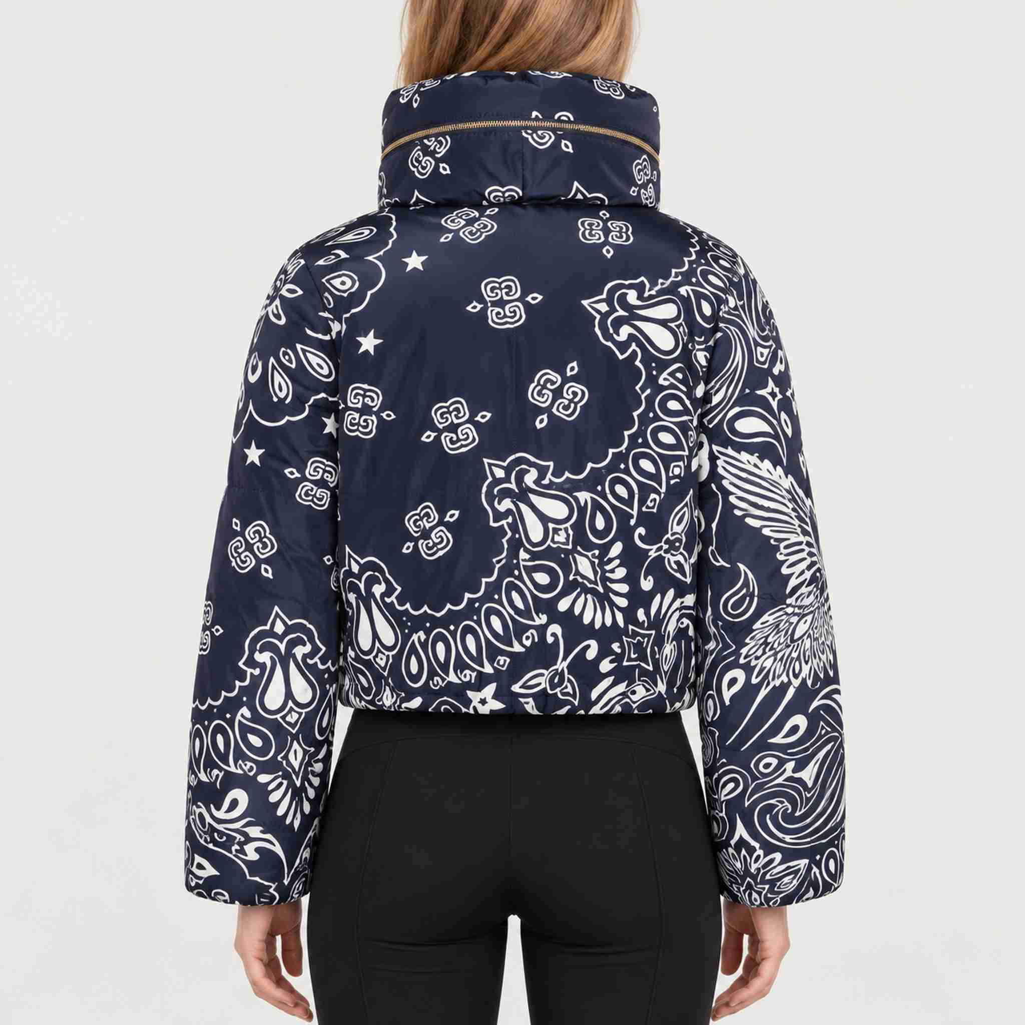 Goldbergh womens Kyoko Ski Jacket (Bandana Paisley Blue) - model back. AI-generated from manufacturer imagery.