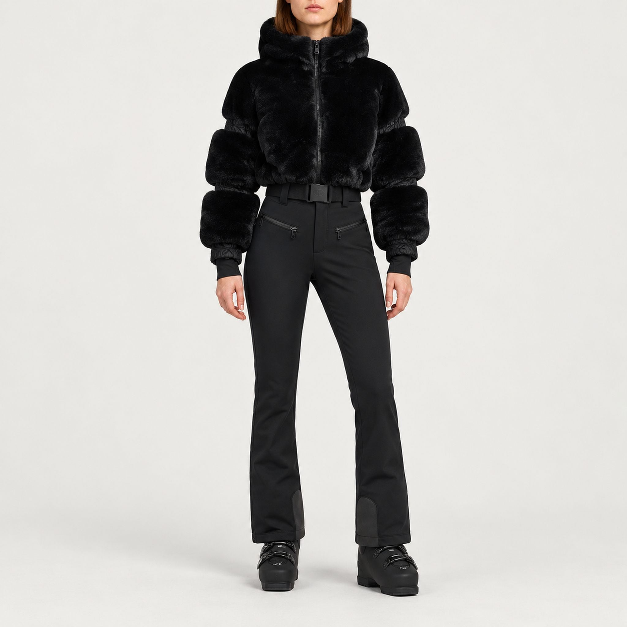 Goldbergh womens Lieke Ski Suit (Black) - model front. AI-generated from manufacturer imagery.