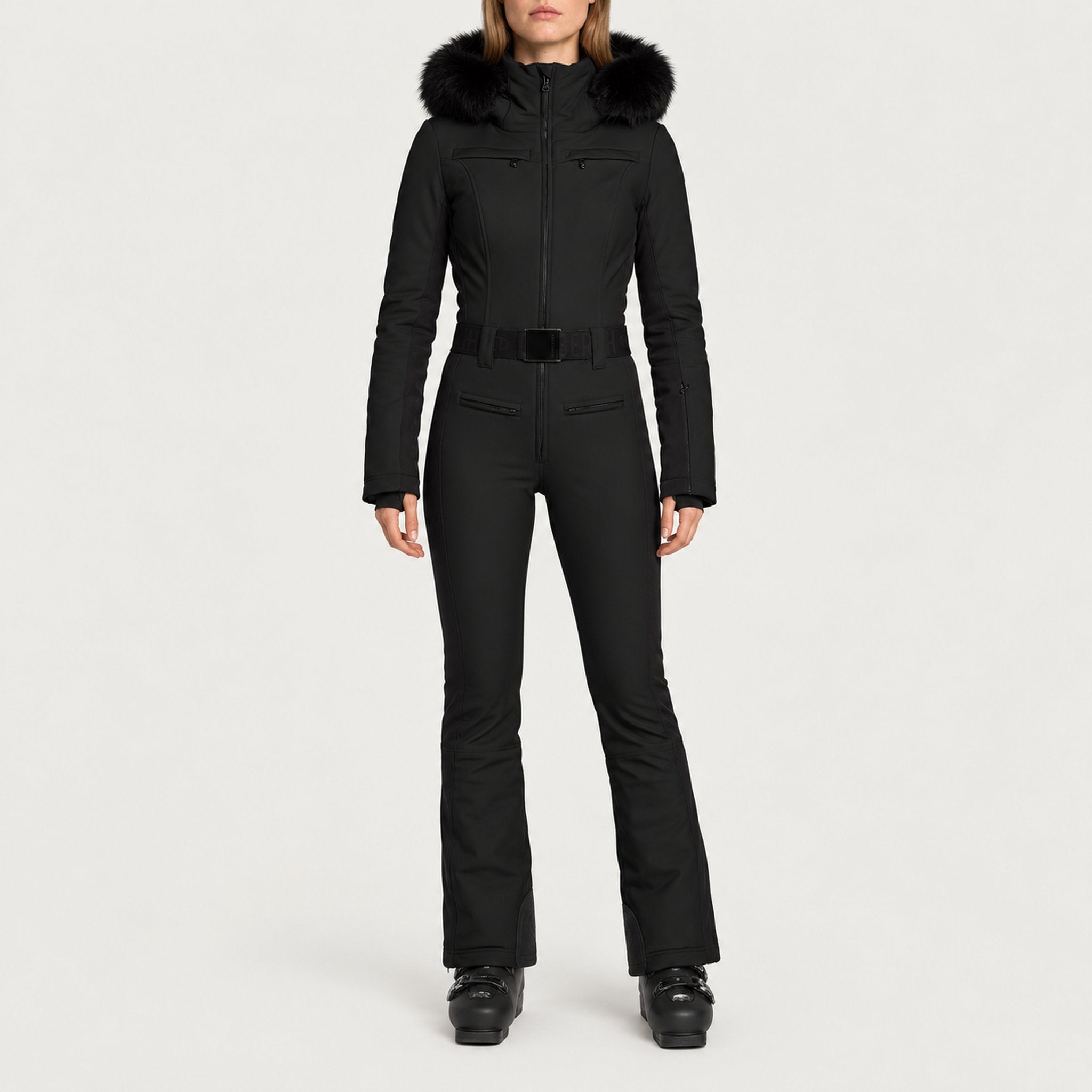 Goldbergh womens Parry Longer Length Ski Suit in Black (Black) - model front. AI-generated from manufacturer imagery.
