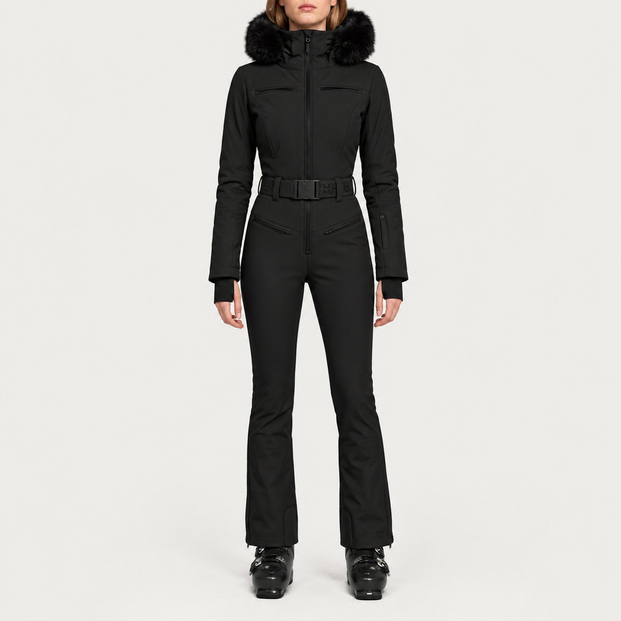 Goldbergh womens Parry Ski Suit in Black (Black) - model front. AI-generated from manufacturer imagery.