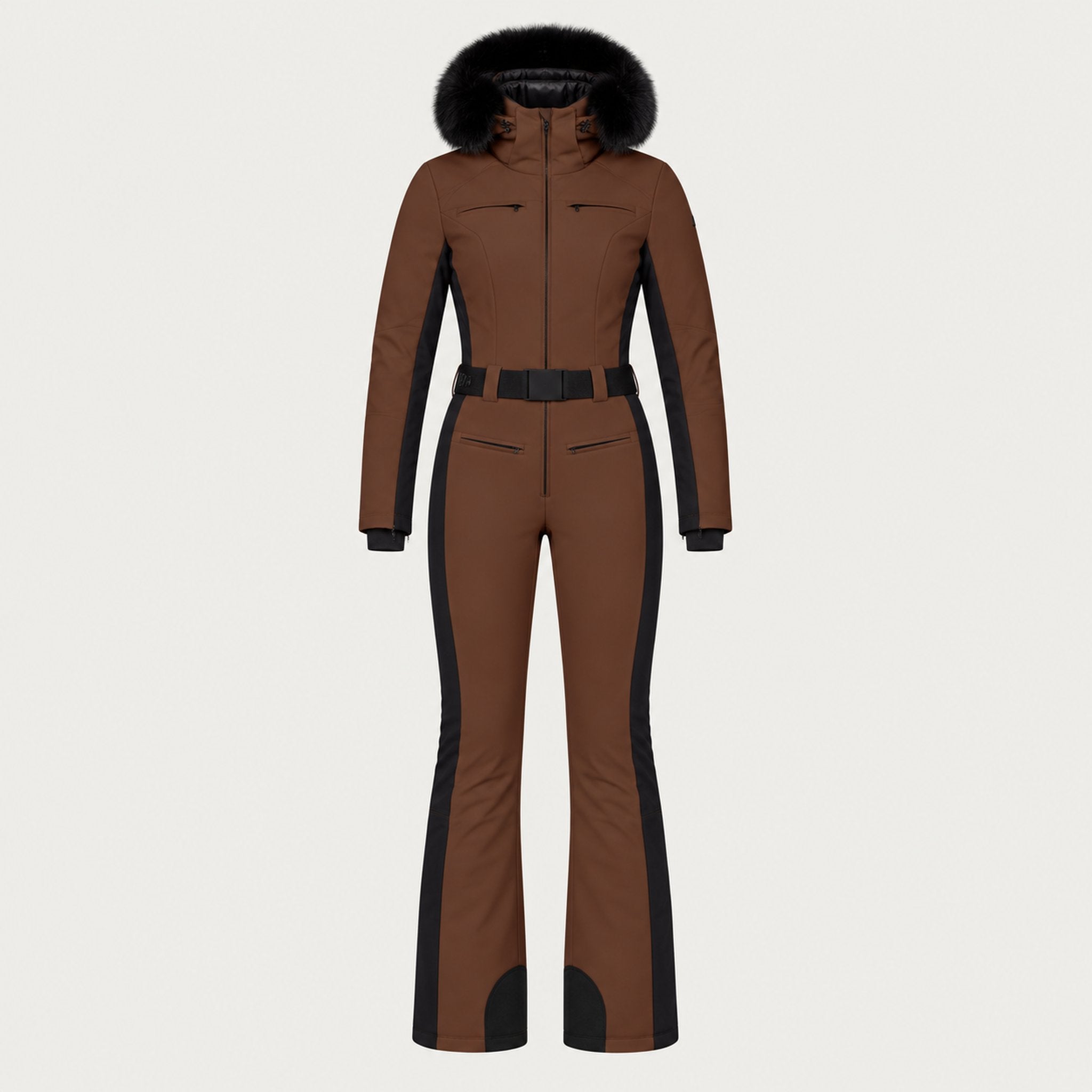 Goldbergh womens Parry Ski Suit in Deep Mocha (Deep Mocha) - front. AI-generated from manufacturer imagery.