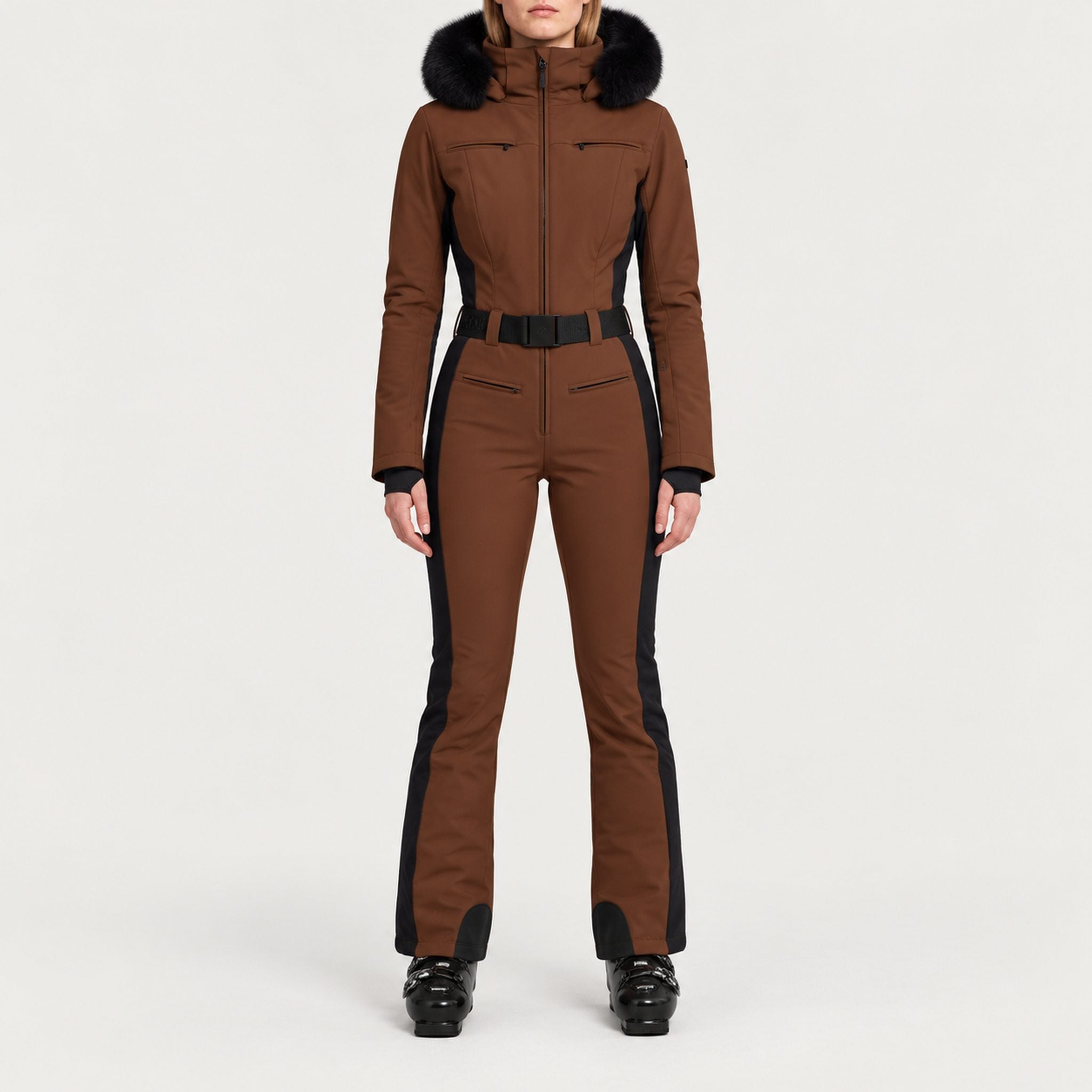 Goldbergh womens Parry Ski Suit in Deep Mocha (Deep Mocha) - model front. AI-generated from manufacturer imagery.