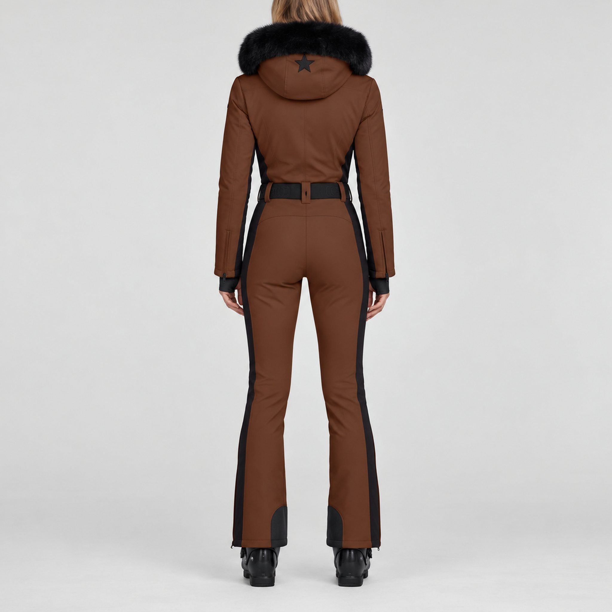 Goldbergh Parry Ski Suit in Deep Mocha — model back. AI-generated from manufacturer reference photographs.