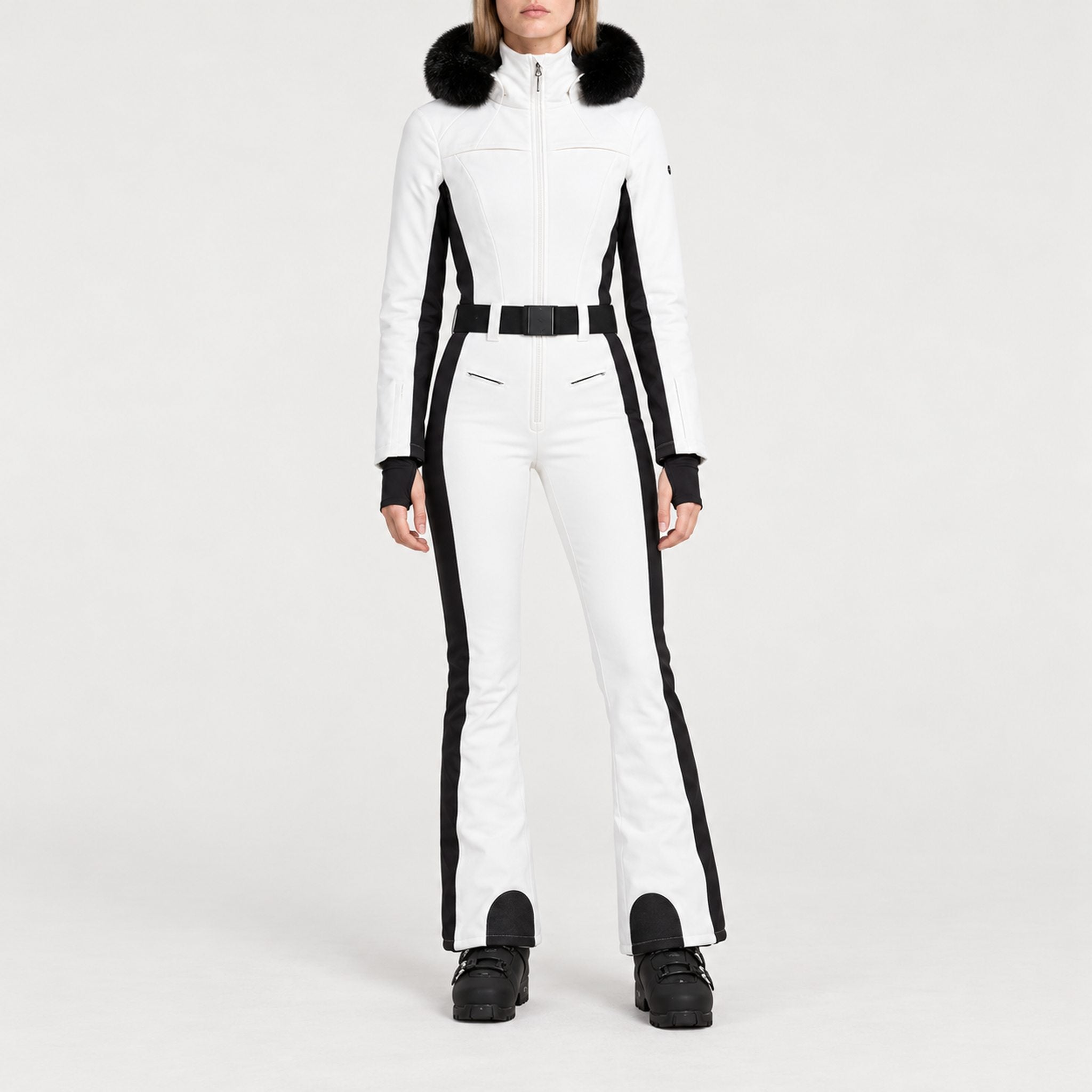 Goldbergh womens Parry Ski Suit in White (Snow White) - model front. AI-generated from manufacturer imagery.