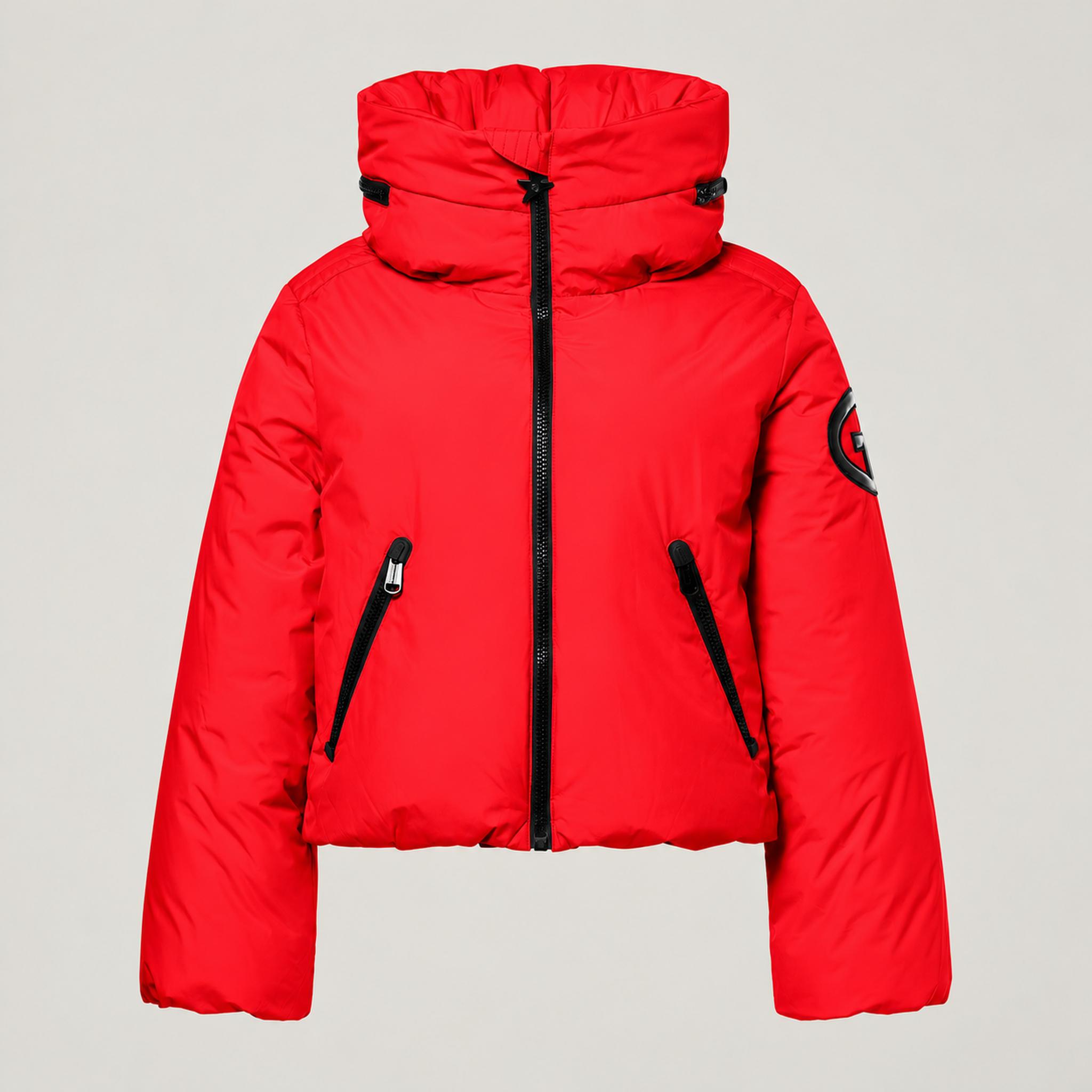 Goldbergh Porter Ski Jacket in Flame Red in Flame — front. AI-generated from manufacturer reference photographs.