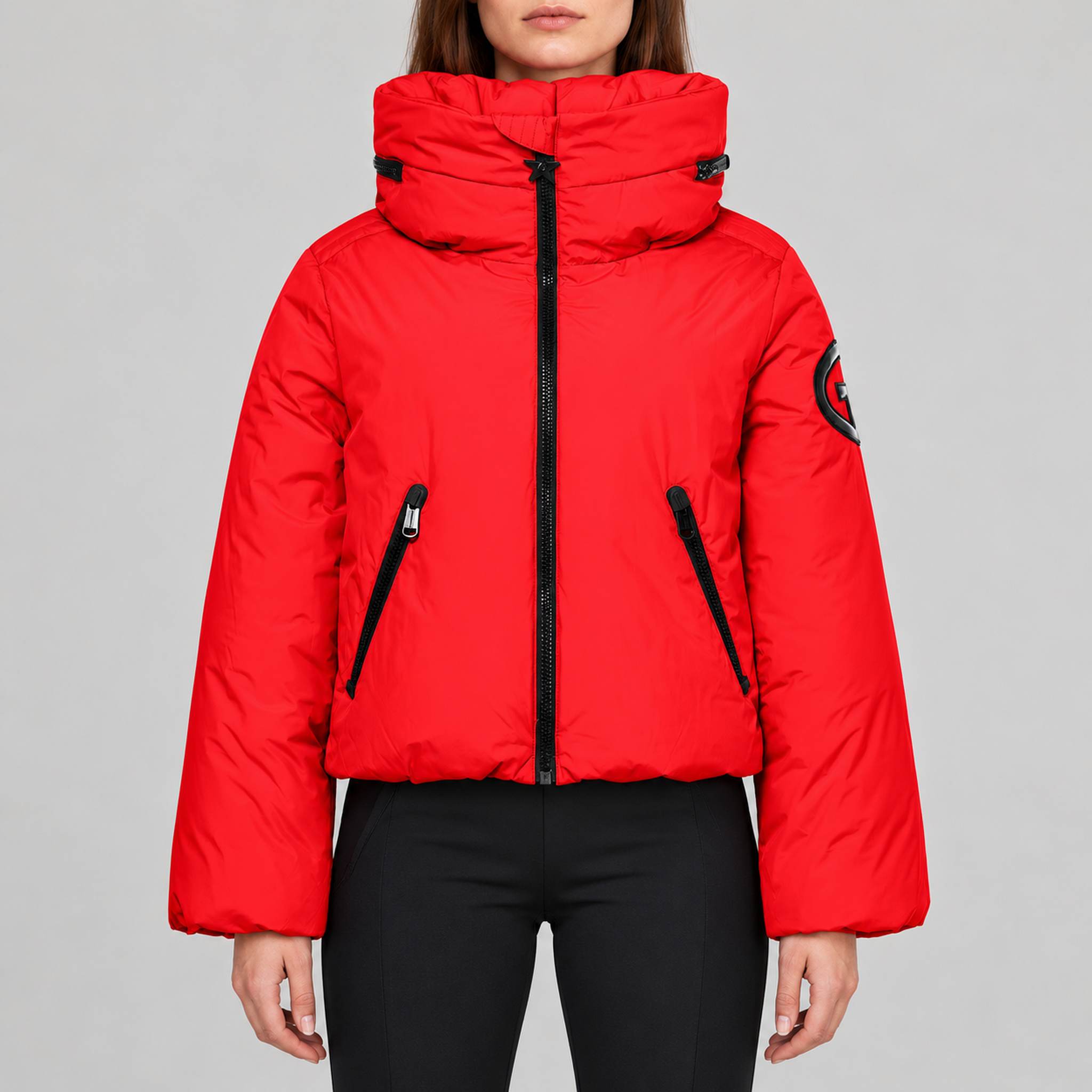 Goldbergh Porter Ski Jacket in Flame Red in Flame — model front. AI-generated from manufacturer reference photographs.