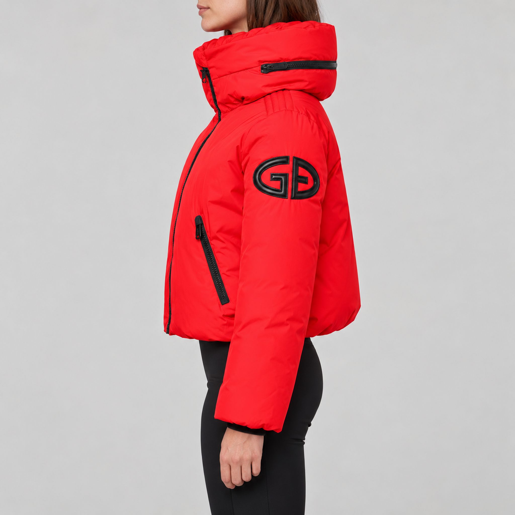 Goldbergh Porter Ski Jacket in Flame Red in Flame — model side. AI-generated from manufacturer reference photographs.