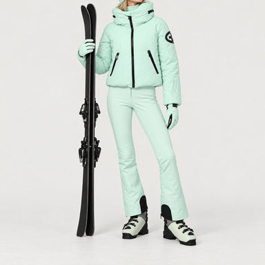 Goldbergh women's Porter Ski Jacket in Matcha Mint – ski pose view. AI-generated from manufacturer imagery.