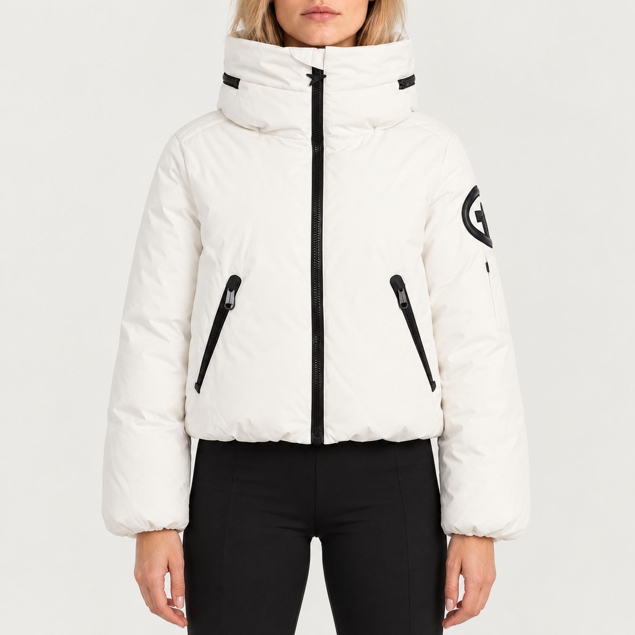 Goldbergh womens Porter Ski Jacket in White (Snow White) - model front. AI-generated from manufacturer imagery.