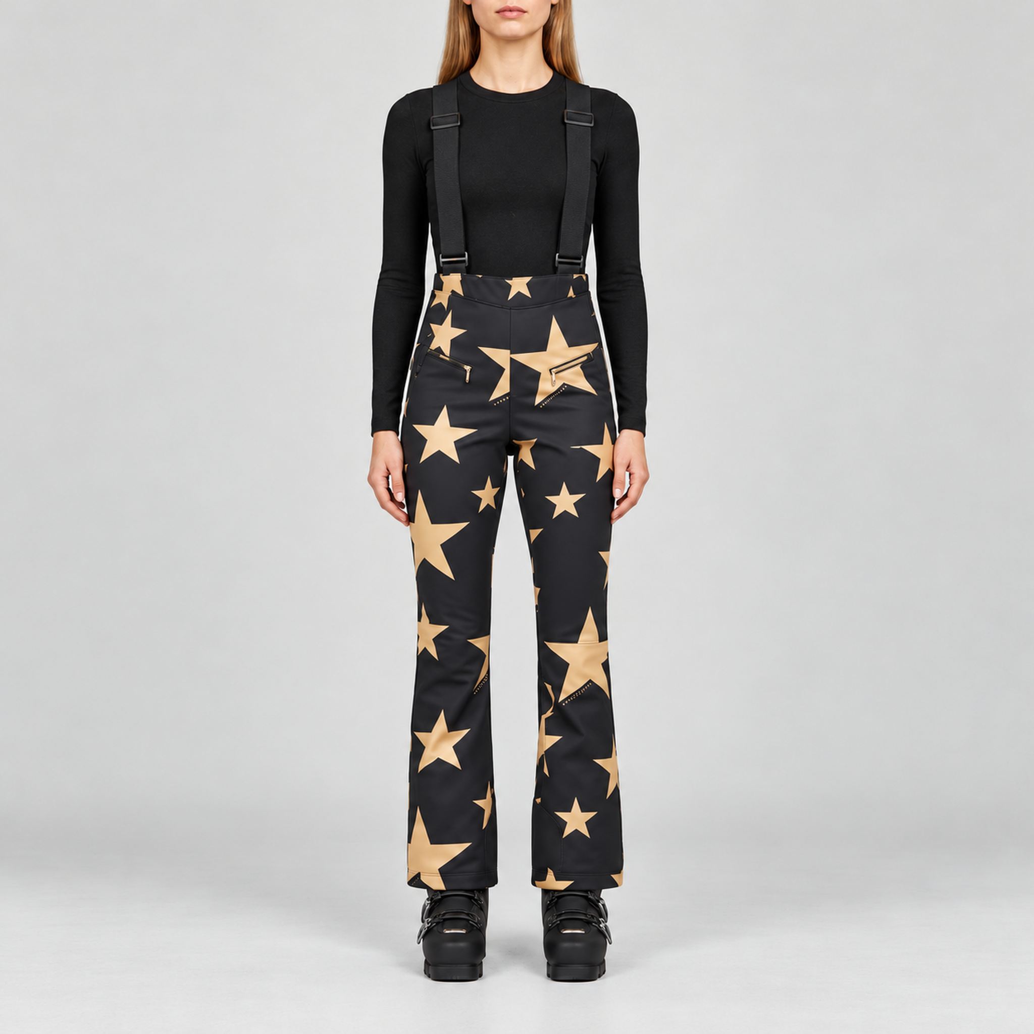 Goldbergh Sakuya Ski Pants Ski Pants in Black Gold — model front. AI-generated from manufacturer reference photographs.