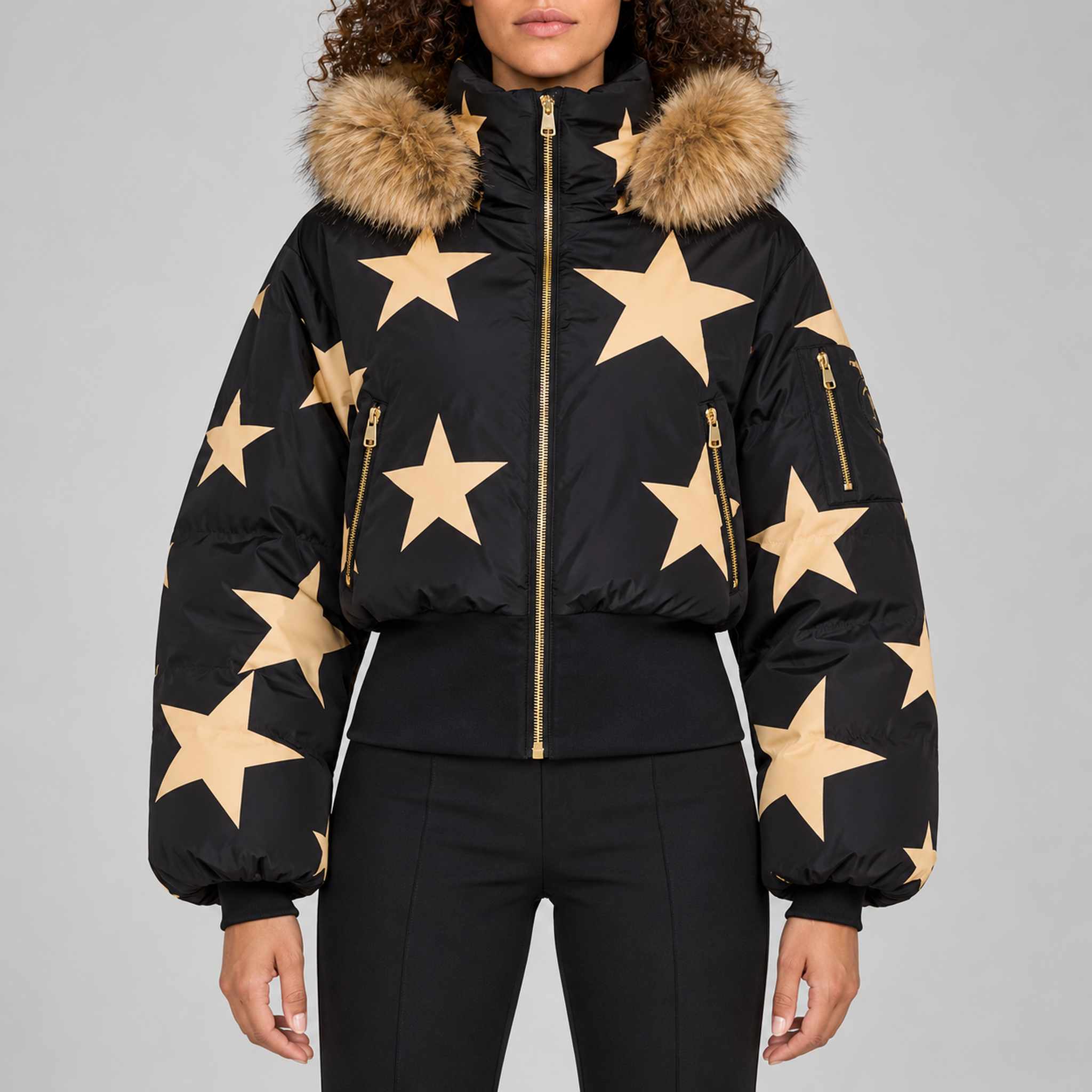 Goldbergh Shinnen Ski Jacket in Black Gold — model front. AI-generated from manufacturer reference photographs.