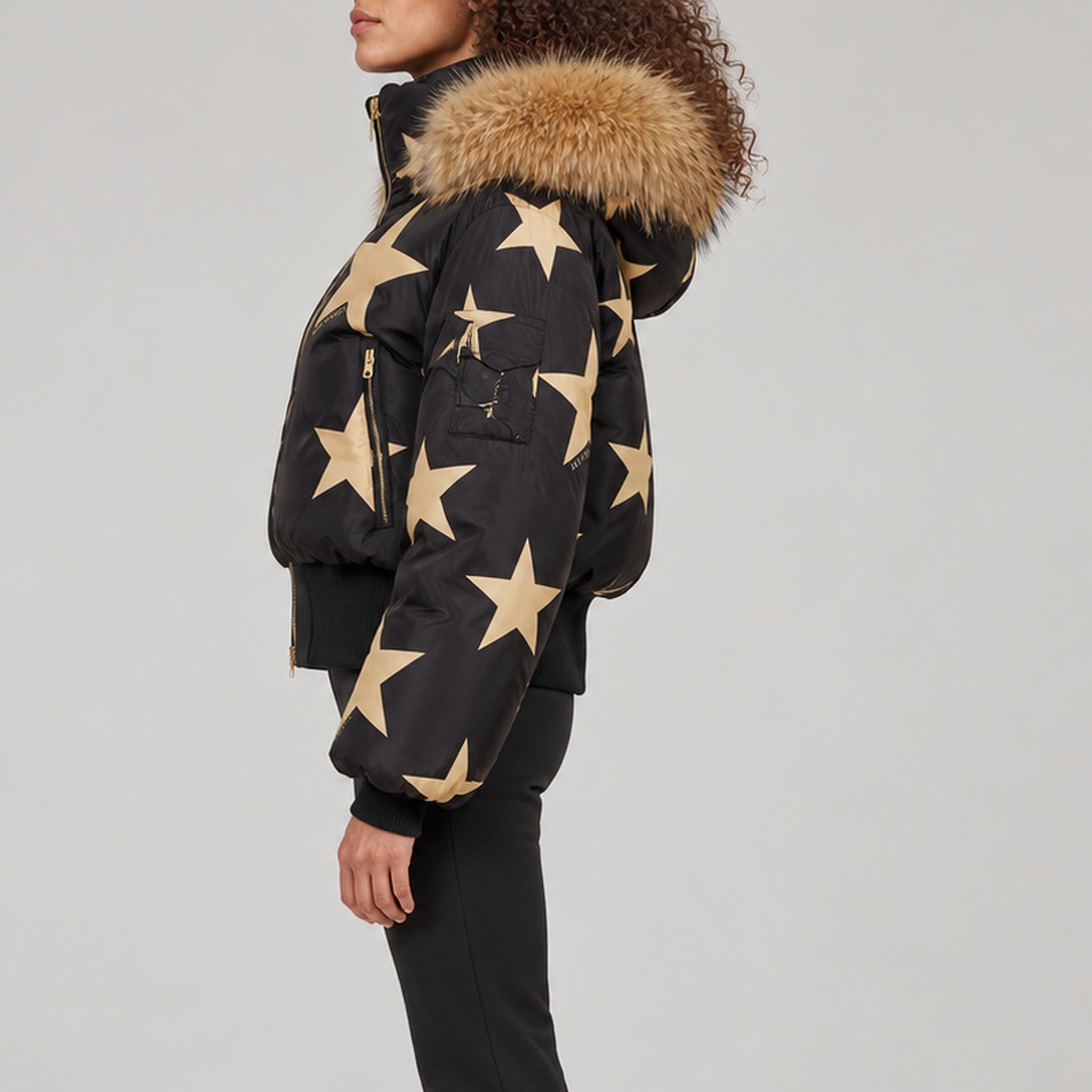 Goldbergh Shinnen Ski Jacket in Black Gold — model side. AI-generated from manufacturer reference photographs.