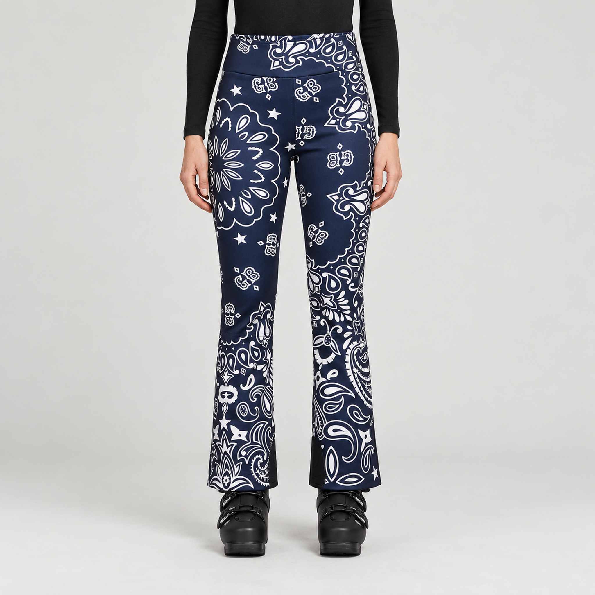 Goldbergh Shiro Ski Pants in Bandana Paisley Blue — model front. AI-generated from manufacturer reference photographs.