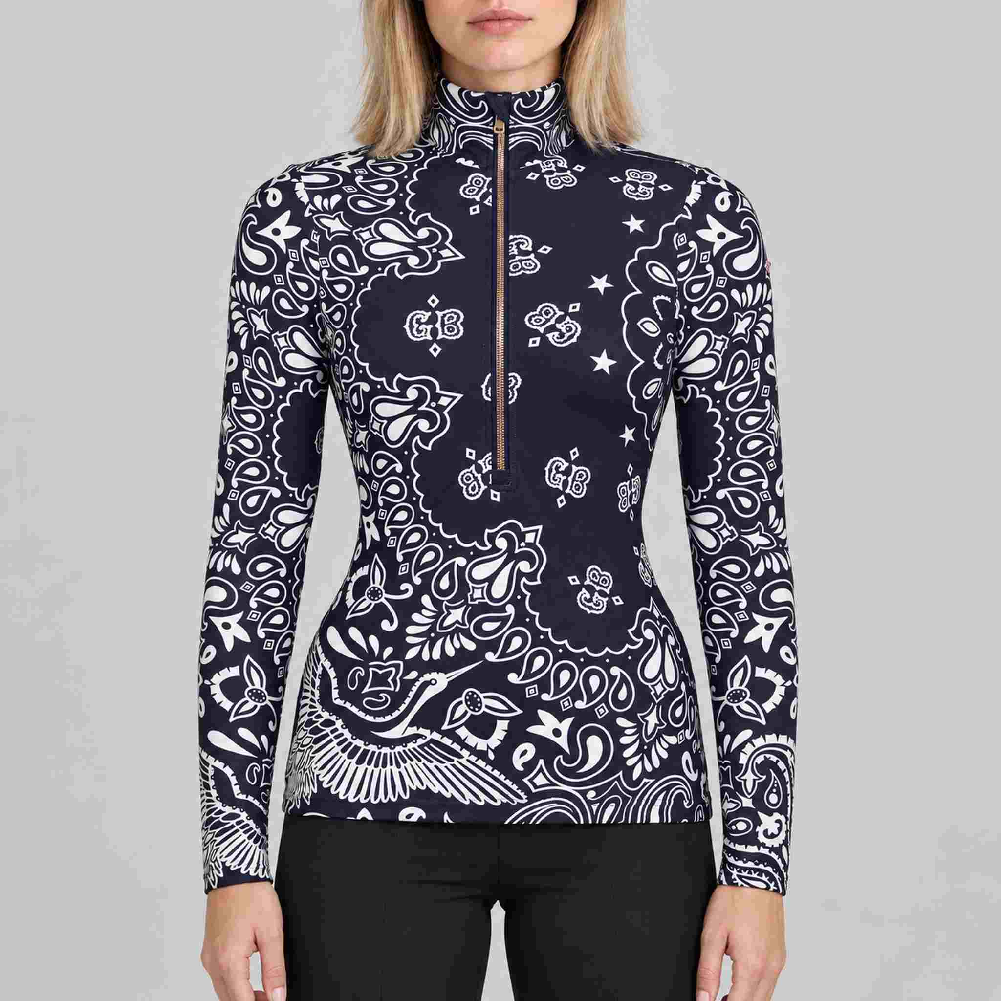 Goldbergh Toriko Pully in Bandana Paisley Blue in Bandana Paisley Blue — model front. AI-generated from manufacturer reference photographs.