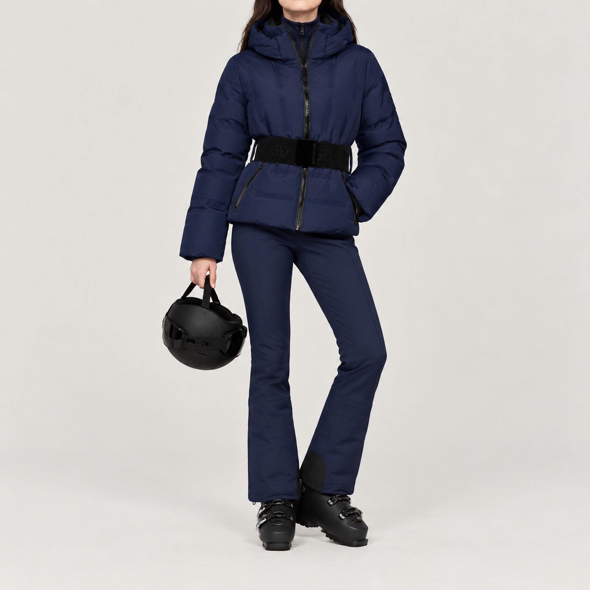 Goldbergh women's Umi Ski Jacket in French Blue – ski pose view. AI-generated from manufacturer imagery.
