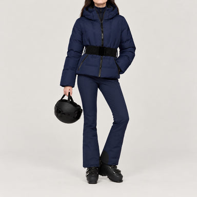 Goldbergh women's Umi Ski Jacket in French Blue – ski pose view. AI-generated from manufacturer imagery.