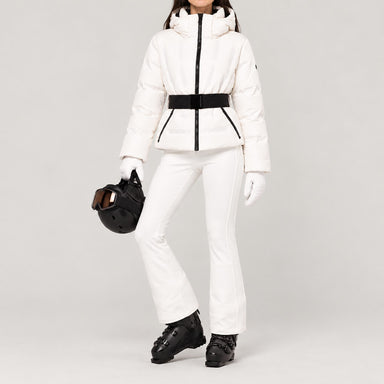 Goldbergh women's Umi Ski Jacket in White – ski pose view. AI-generated from manufacturer imagery.