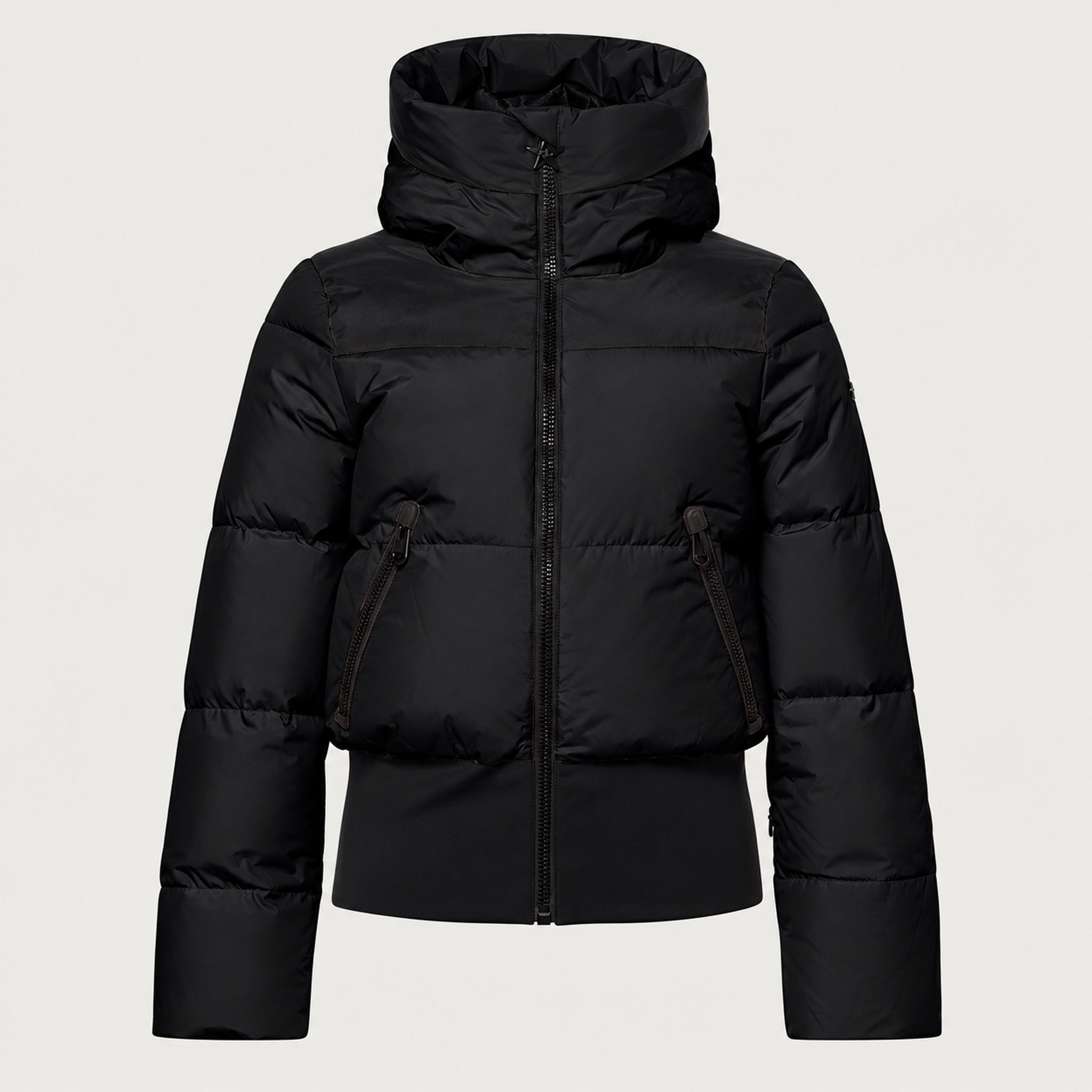 Goldbergh Village Ski Jacket in Black in Black — front. AI-generated from manufacturer reference photographs.