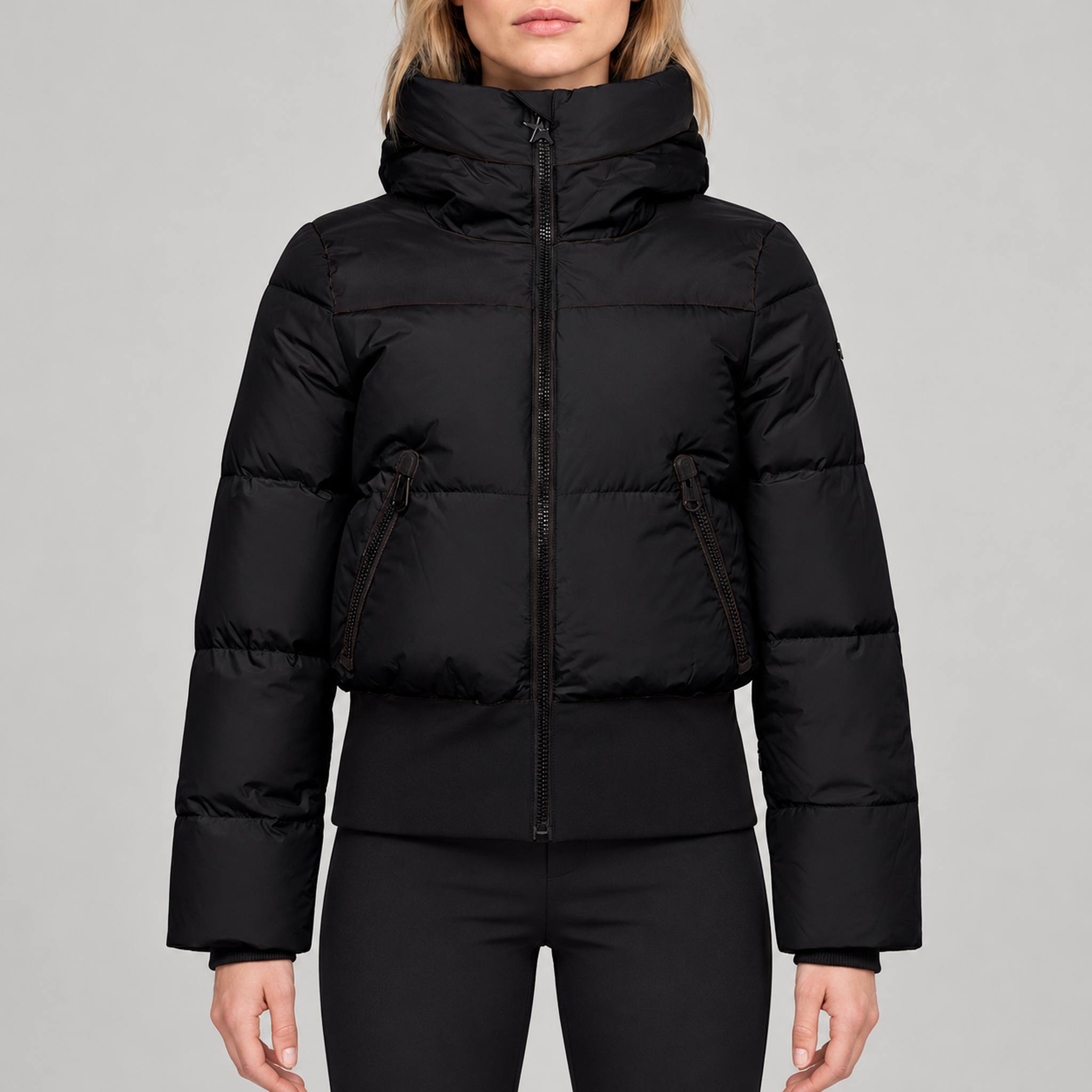 Goldbergh Village Ski Jacket in Black in Black — model front. AI-generated from manufacturer reference photographs.