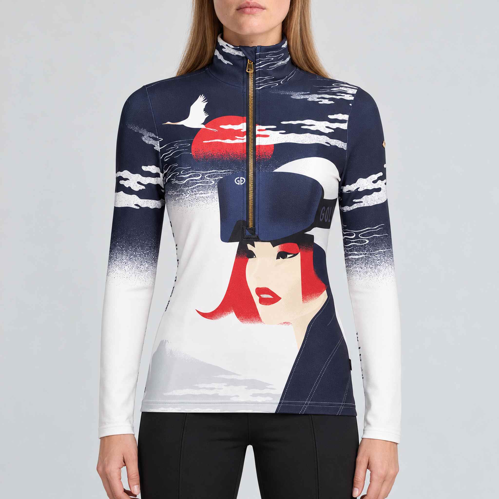 Goldbergh Yuki Pully in Denim Dojo Mads Berg — model front. AI-generated from manufacturer reference photographs.