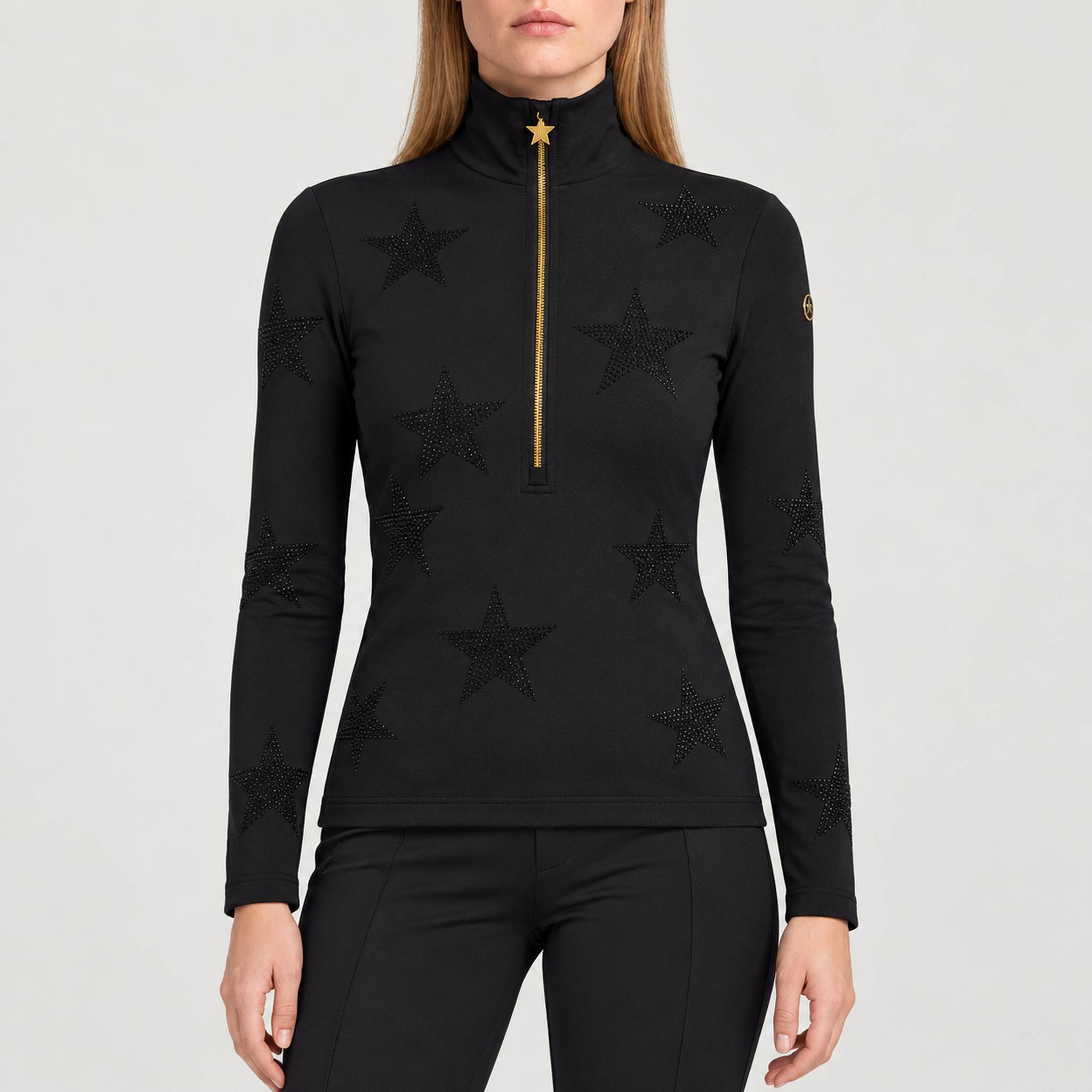 Goldbergh women's Yura Pully in Black – model front. AI-generated from manufacturer reference images.
