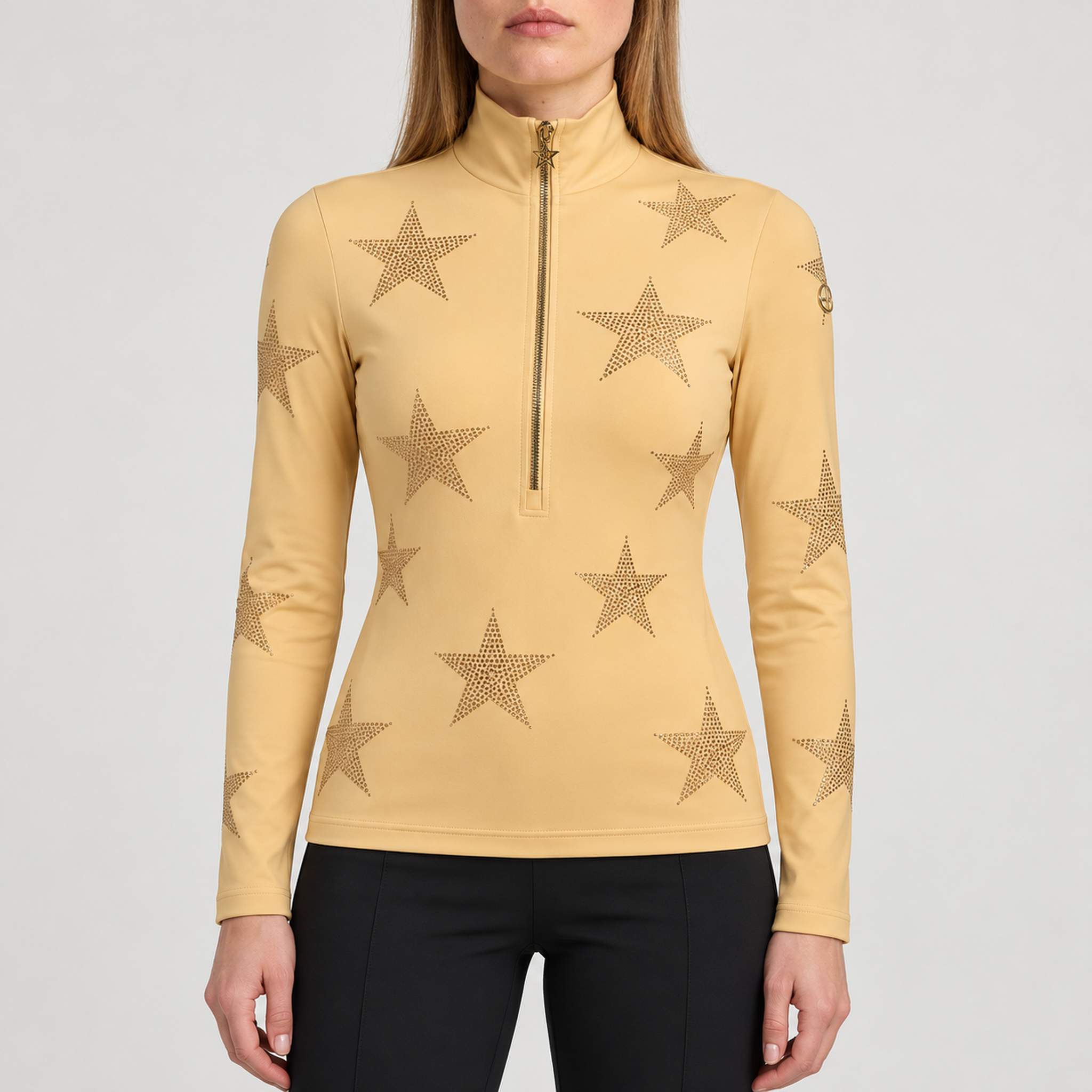 Goldbergh women's Yura Pully in Lark – model front. AI-generated from manufacturer reference images.
