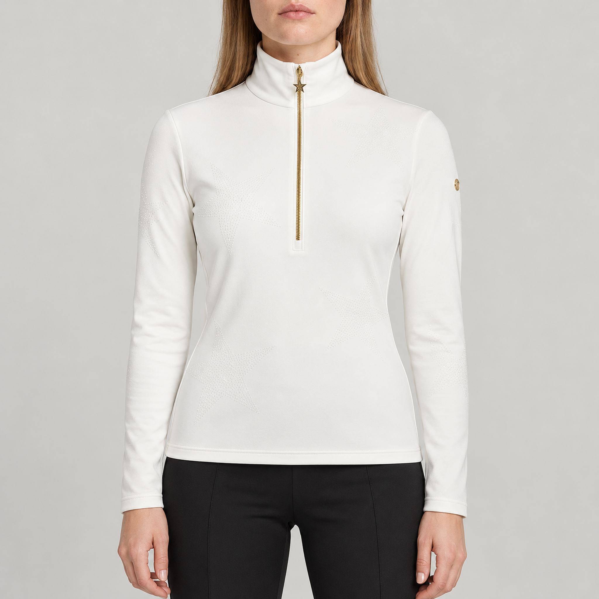 Goldbergh women's Yura Pully in Snow White – model front. AI-generated from manufacturer reference images.