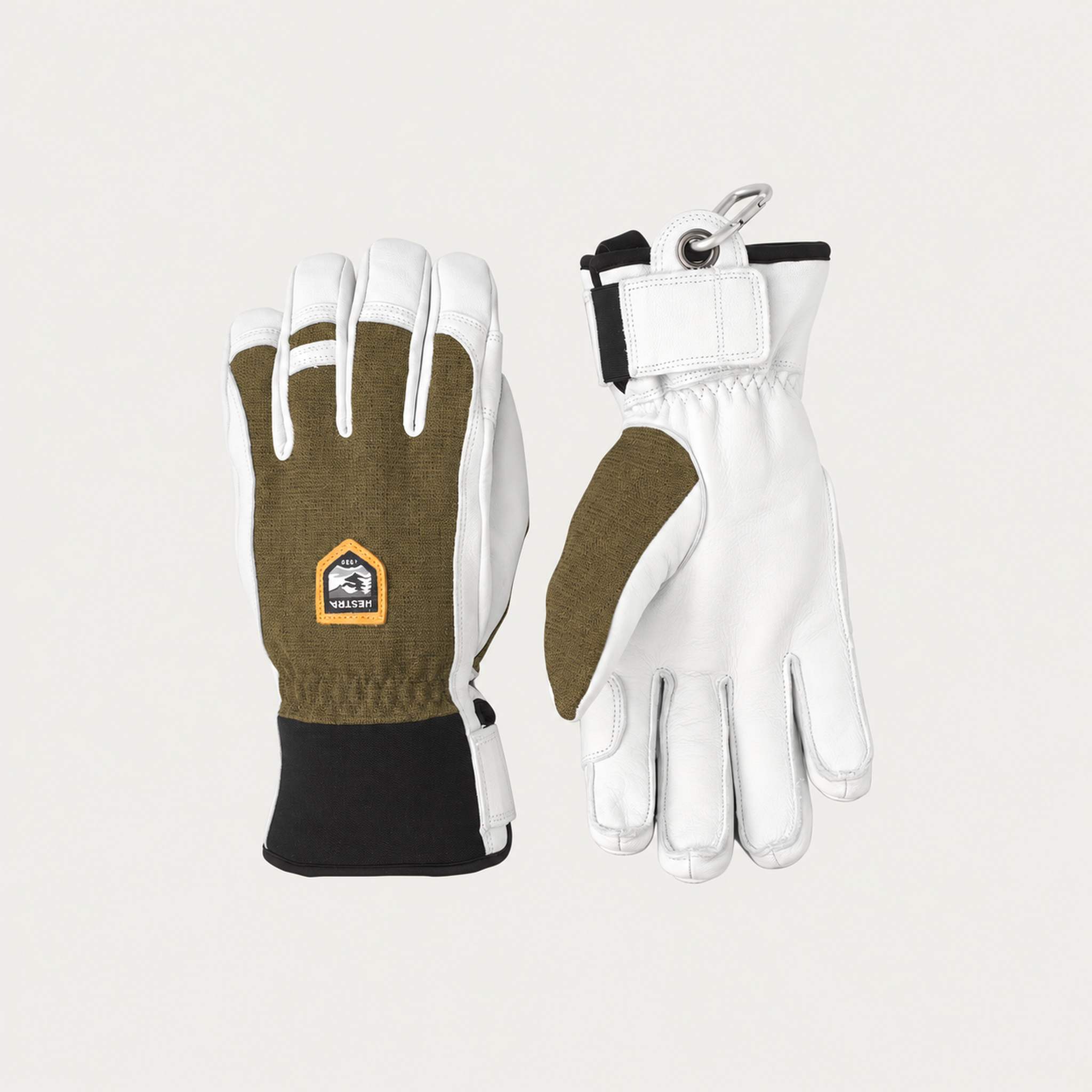 Hestra mens Army Leather Patrol Gloves in Green (Green) - product front and palm views. AI-generated from manufacturer imagery.
