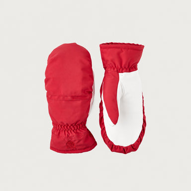 Hestra womens Primaloft Leather Mitt in Red (Red) - product front and palm views. AI-generated from manufacturer imagery.
