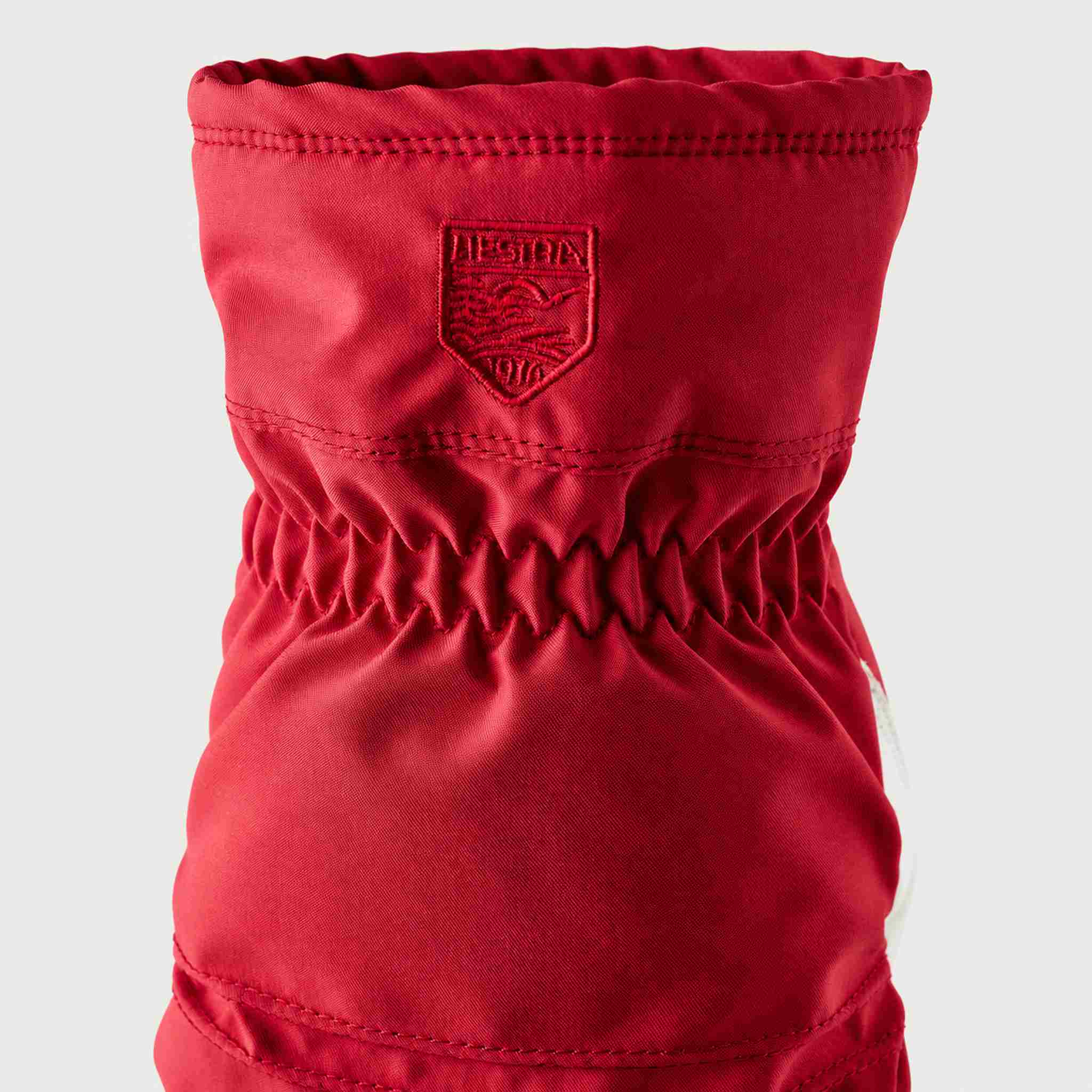 Hestra womens Primaloft Leather Mitt in Red (Red) - product detail view 4. AI-generated from manufacturer imagery.