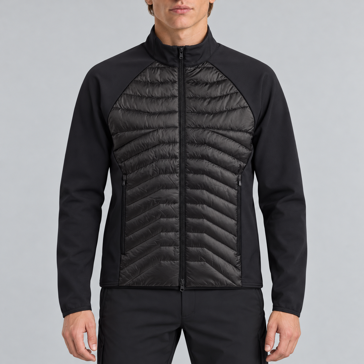 J Lindeberg Heyden Quilt Hybrid Jacket in Black, model front