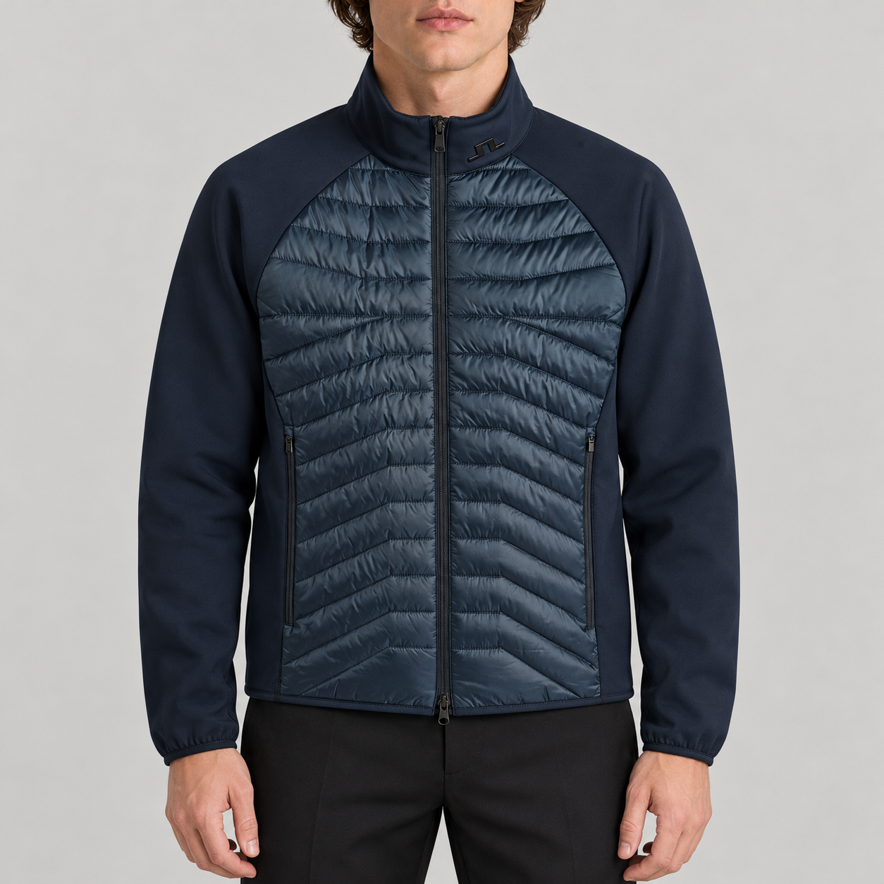 J Lindeberg Heyden Quilt Hybrid Jacket in Navy, model front
