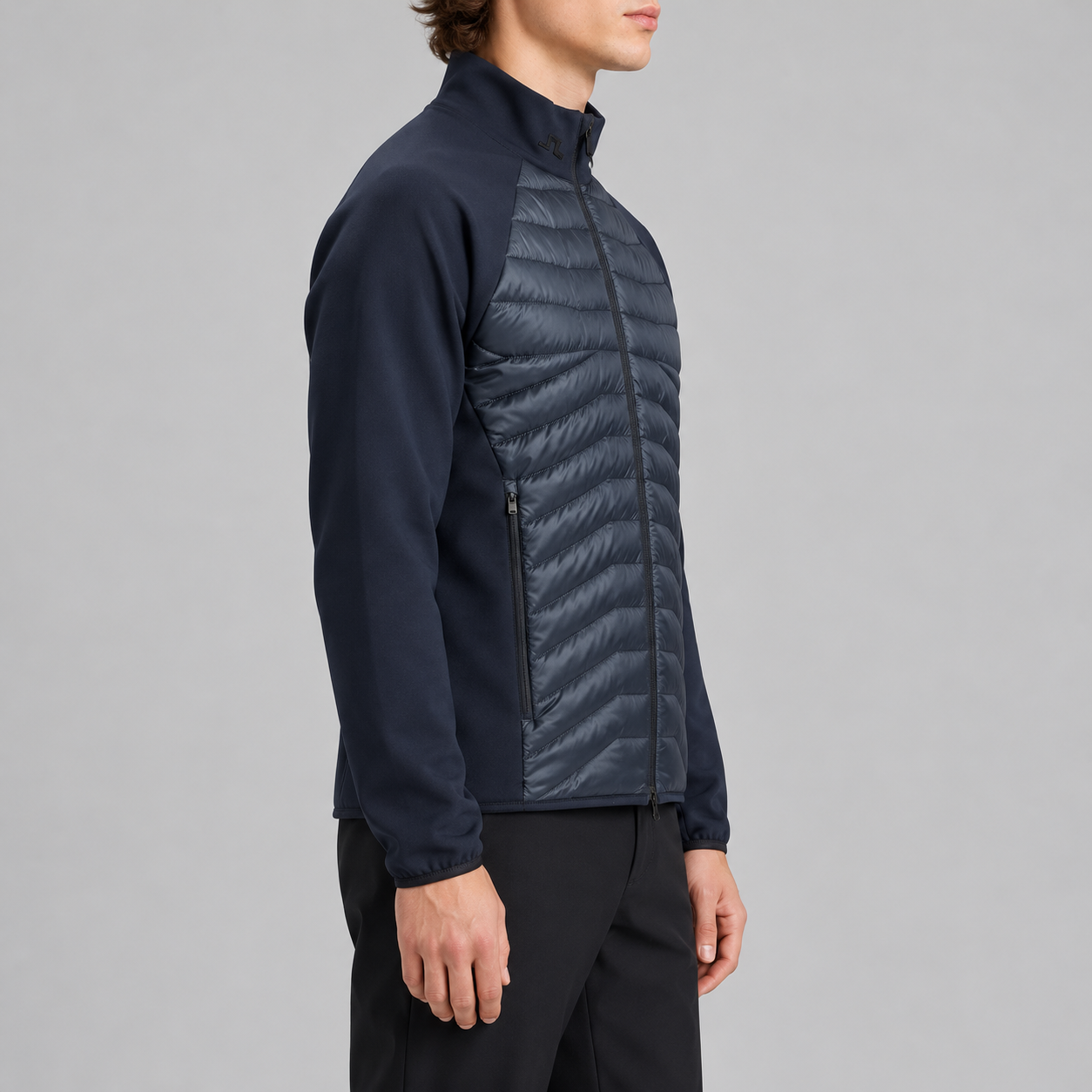 J Lindeberg Heyden Quilt Hybrid Jacket in Navy, model side