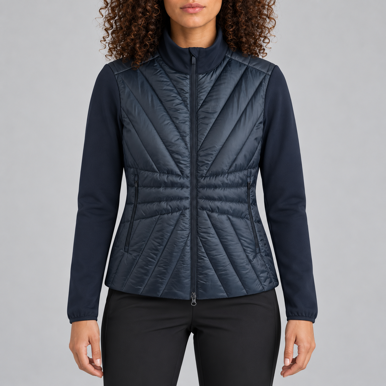 J Lindeberg Holma Quilt Hybrid Jacket in Navy, model front