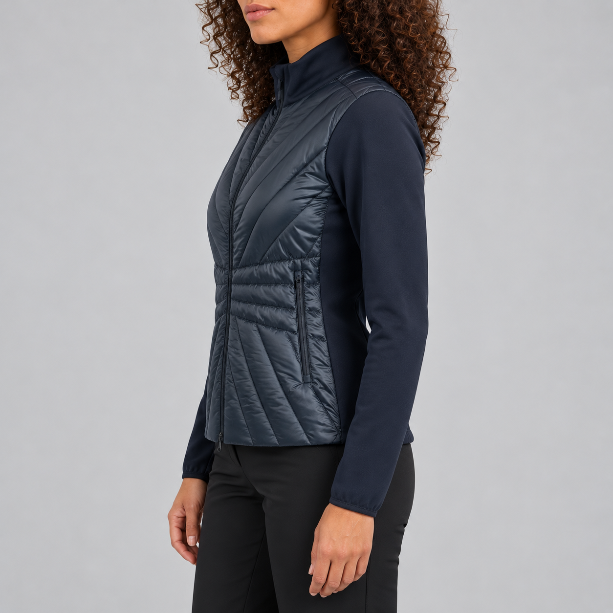 J Lindeberg Holma Quilt Hybrid Jacket in Navy, model side