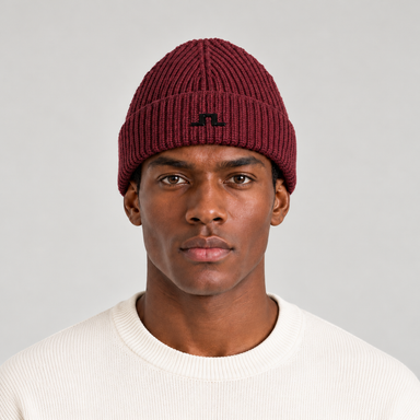 J Lindeberg Merino Beanie in Winetasting, male front