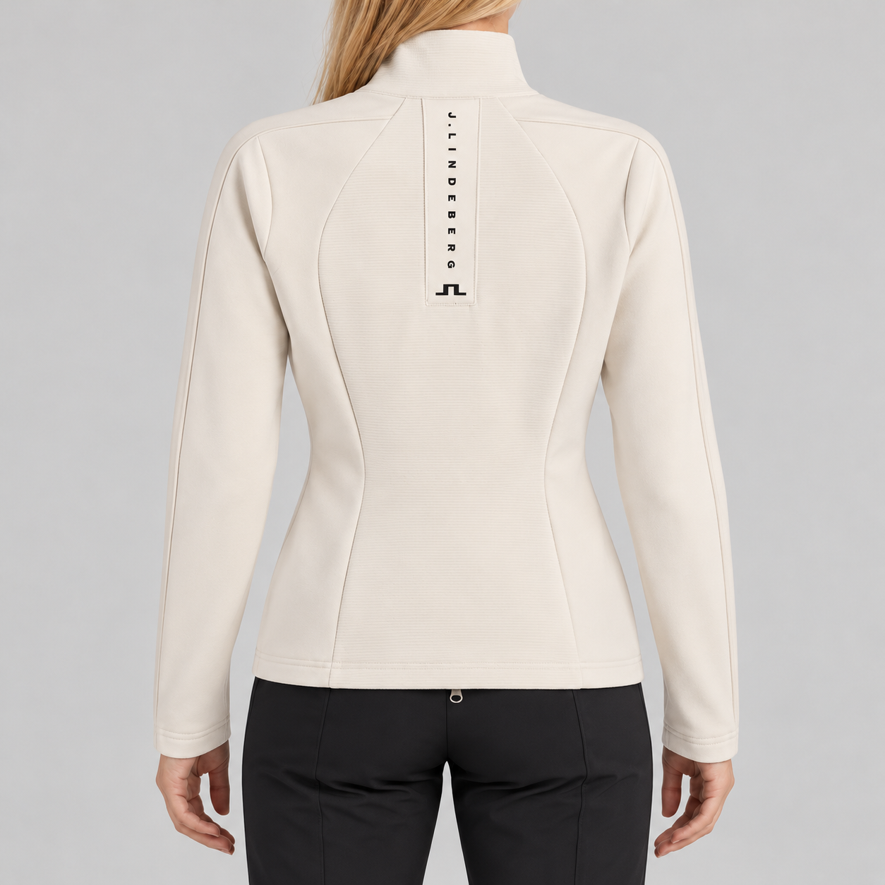 J Lindeberg Mireya Full Zip Mid Layer in Moonbeam, model back