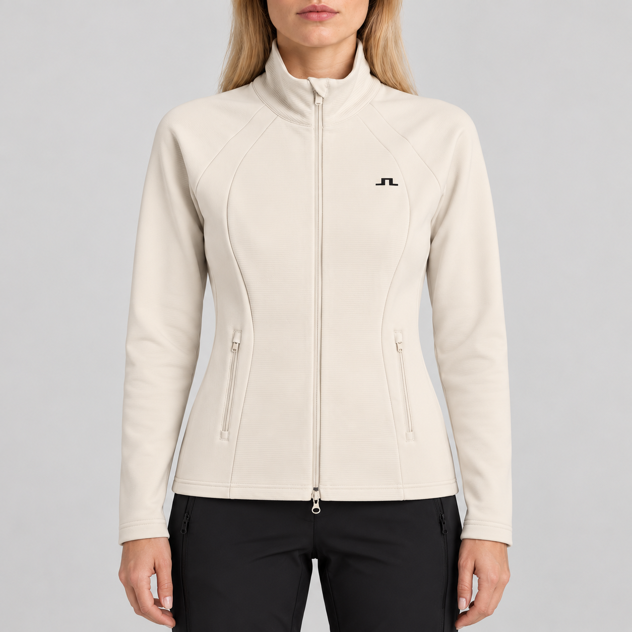 J Lindeberg Mireya Full Zip Mid Layer in Moonbeam, model front